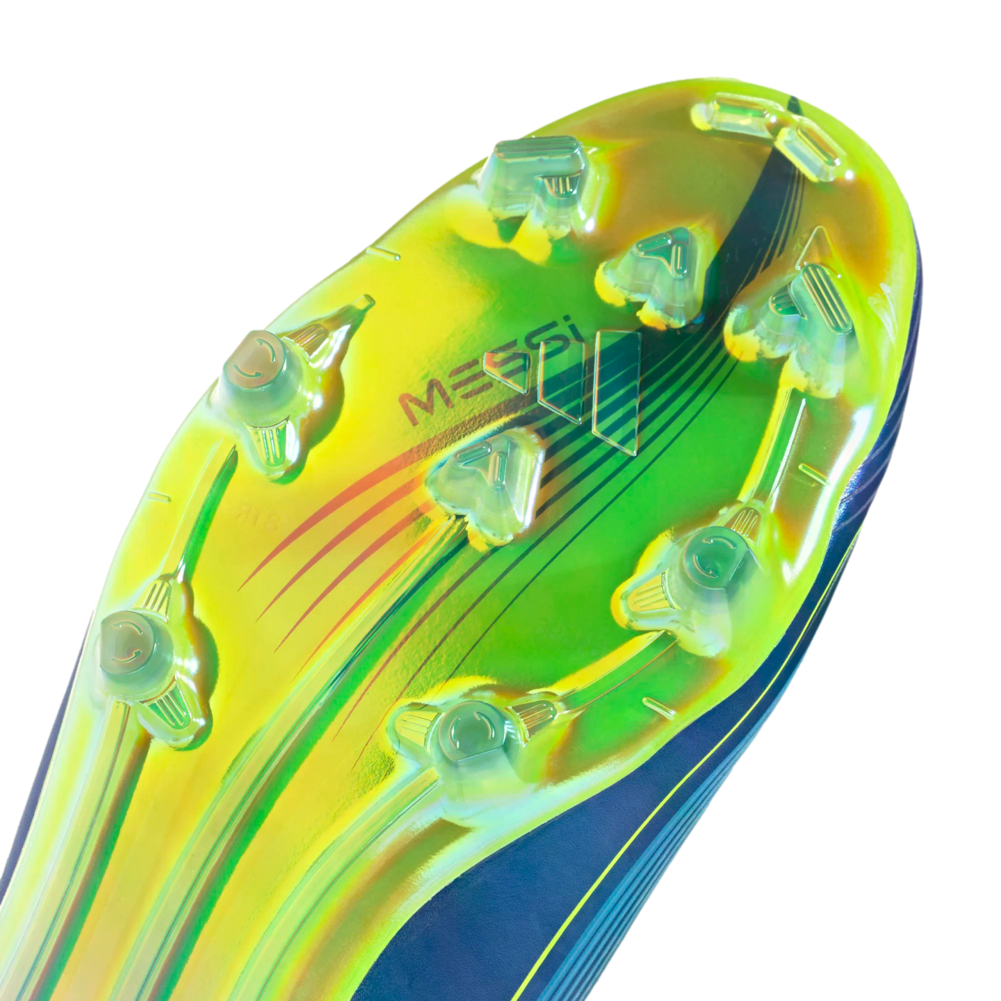 Vibrant lime green and blue iridescent soleplate of a Messi soccer boot with transparent studs and "MESSI" branding.