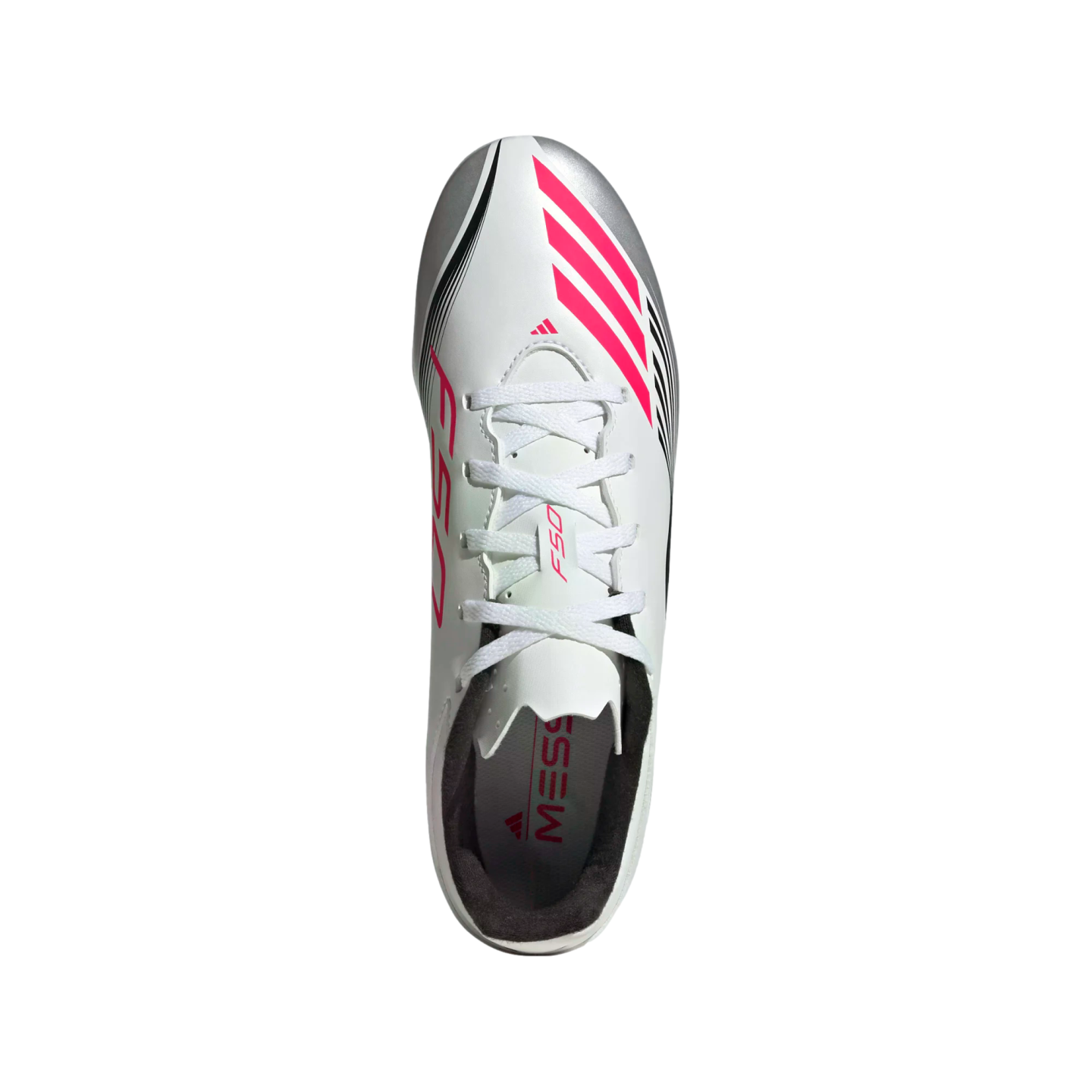 Top-down view of a white Adidas F50 soccer cleat with pink stripes, silver accents, and Messi branding on the insole.