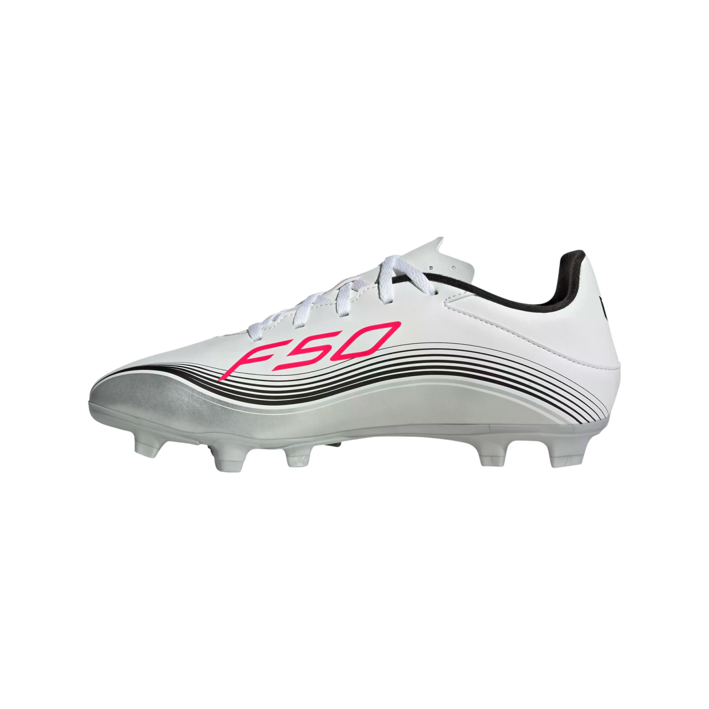 Side profile of a white soccer cleat featuring silver accents, black curved stripes, and bright pink "F50" branding.