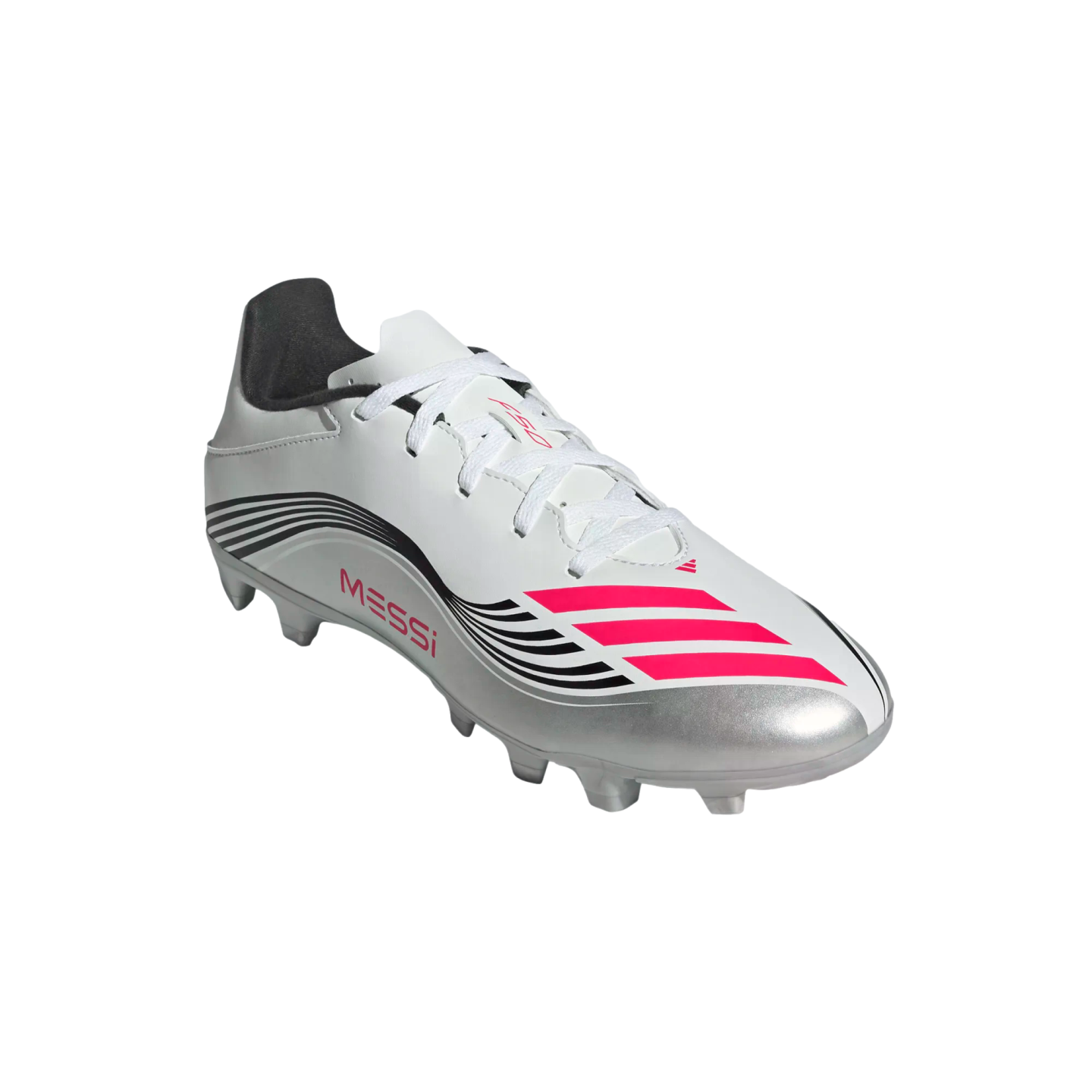 A white and silver Adidas soccer cleat with pink stripes and "MESSI" text on the side. It features black accents and is shown against a plain white background.