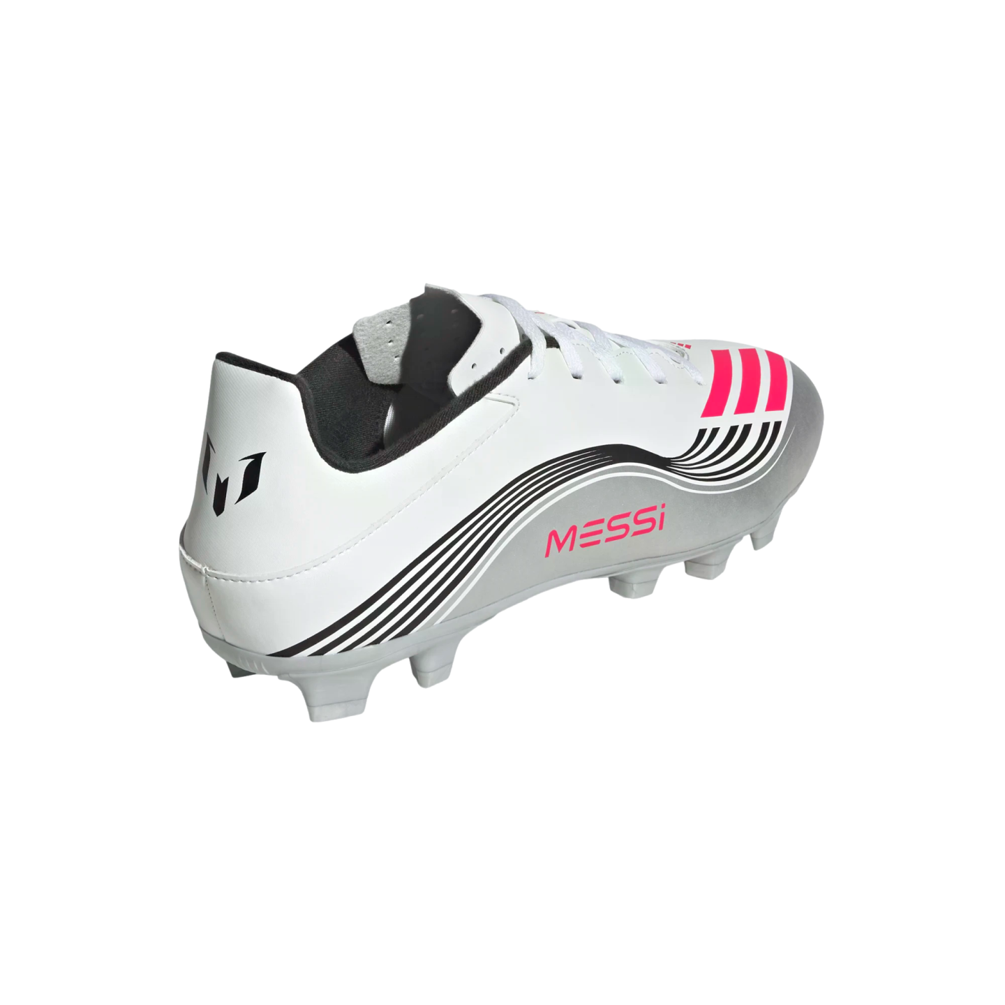 A white and silver Adidas soccer cleat with pink and black details, including the "MESSI" logo on the side and a black Messi logo on the heel.