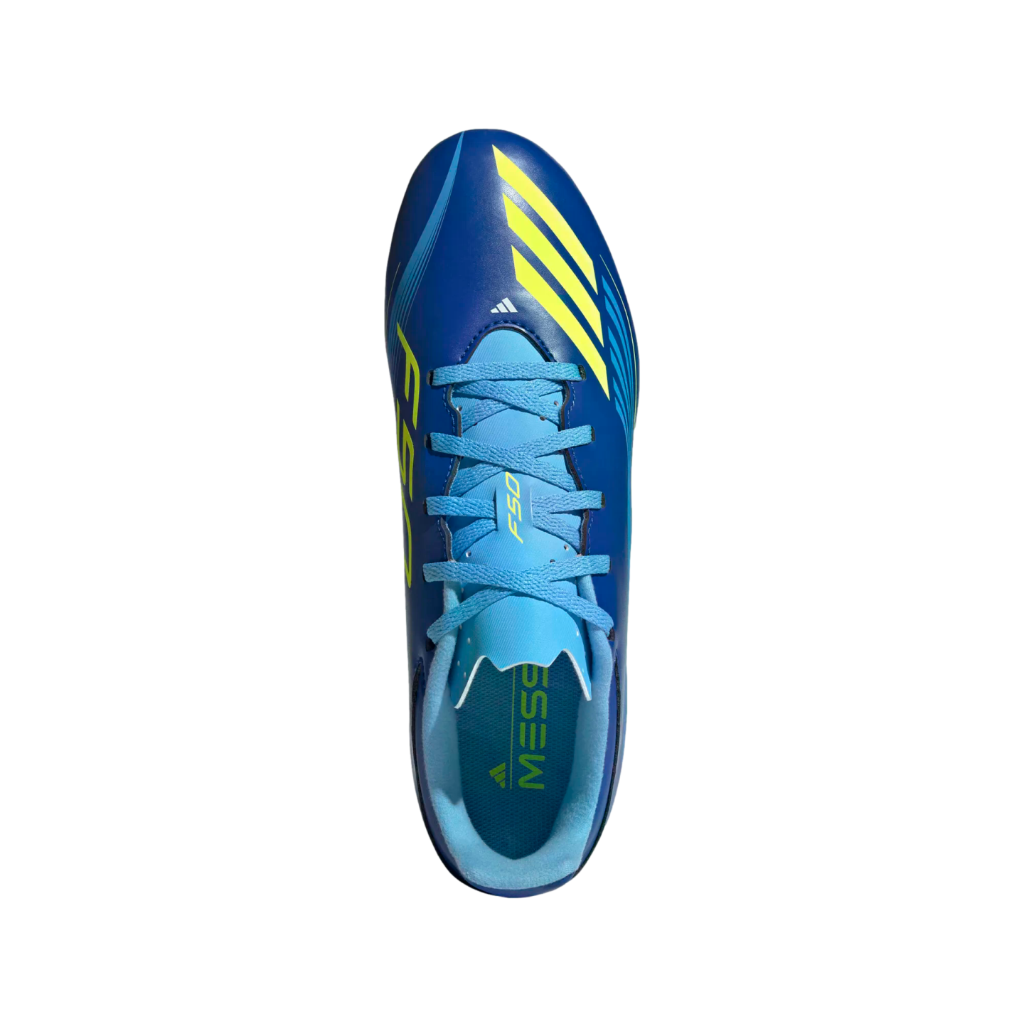 Top-down view of a royal blue Adidas F50 Messi soccer cleat with neon yellow stripes and light blue laces, isolated on a black background.
