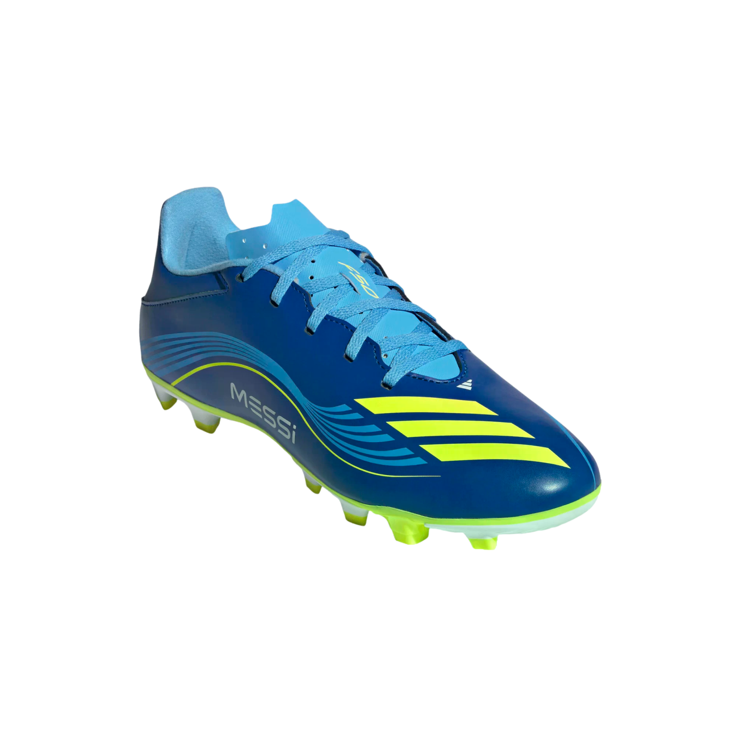 A blue Adidas Messi soccer cleat with neon yellow stripes and "MESSI" text, isolated on a black background.
