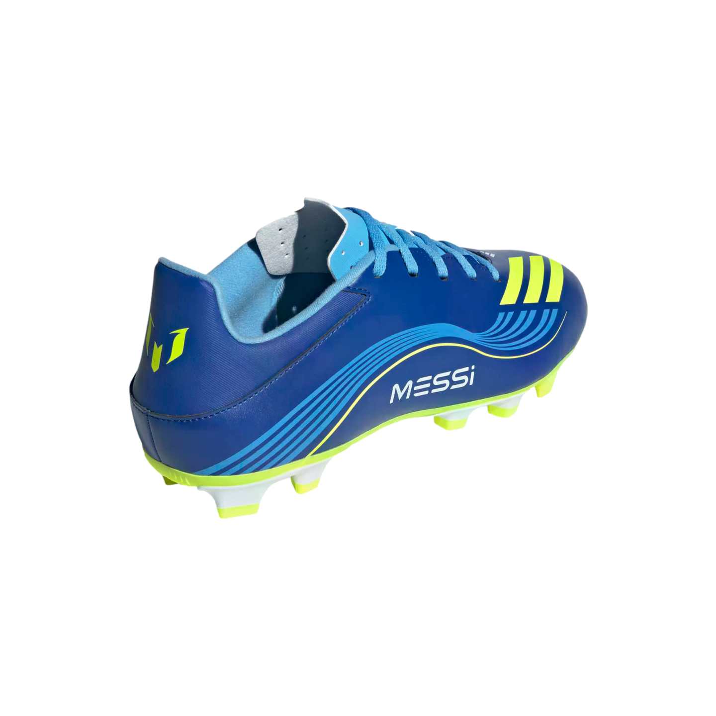 A blue and lime green Adidas Messi soccer cleat viewed from a rear angle against a black background, featuring the "MESSI" logo and molded studs.