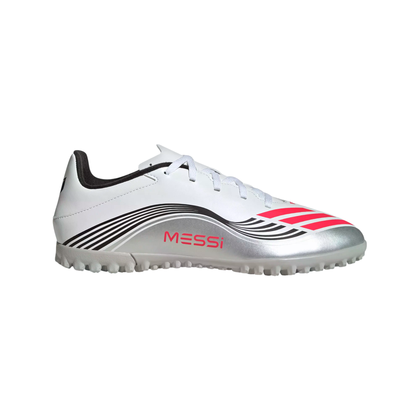 White and silver Adidas turf soccer shoe featuring pink stripes and "MESSI" branding on the side.