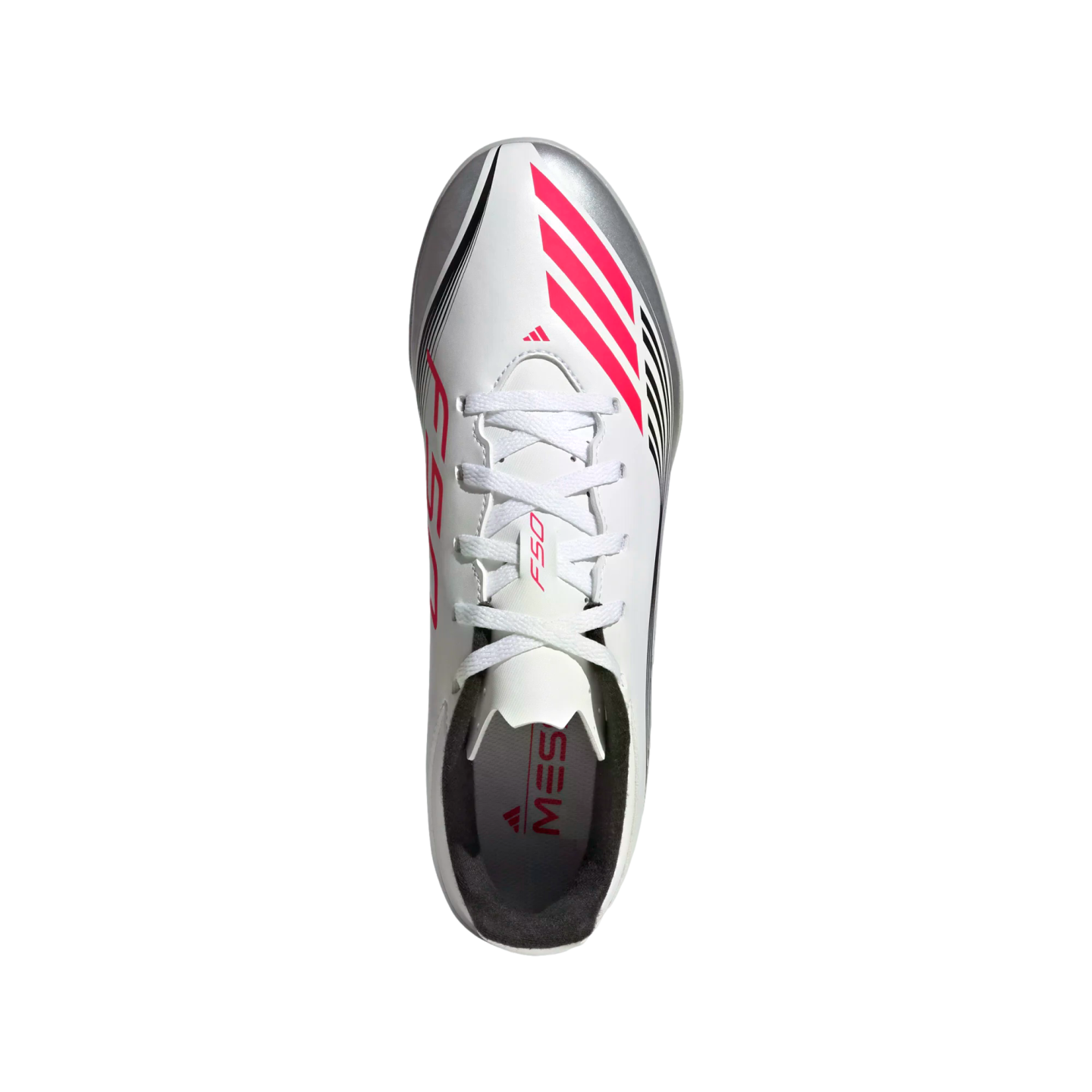 Top-down view of a white Adidas soccer cleat with pink and black accents, featuring "F50" and "MESSI" branding.