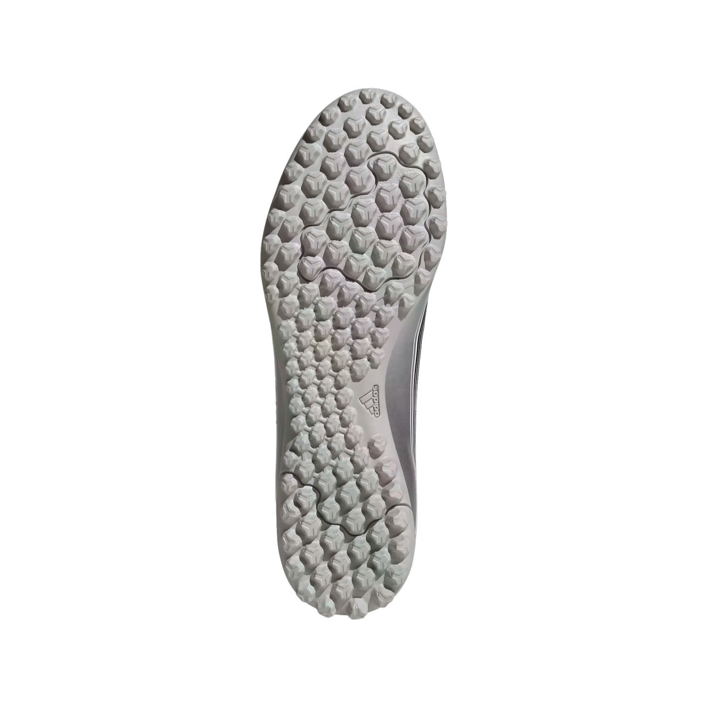 Bottom view of a light gray Adidas turf soccer shoe outsole with a dense triangular stud pattern, shown against a white background.