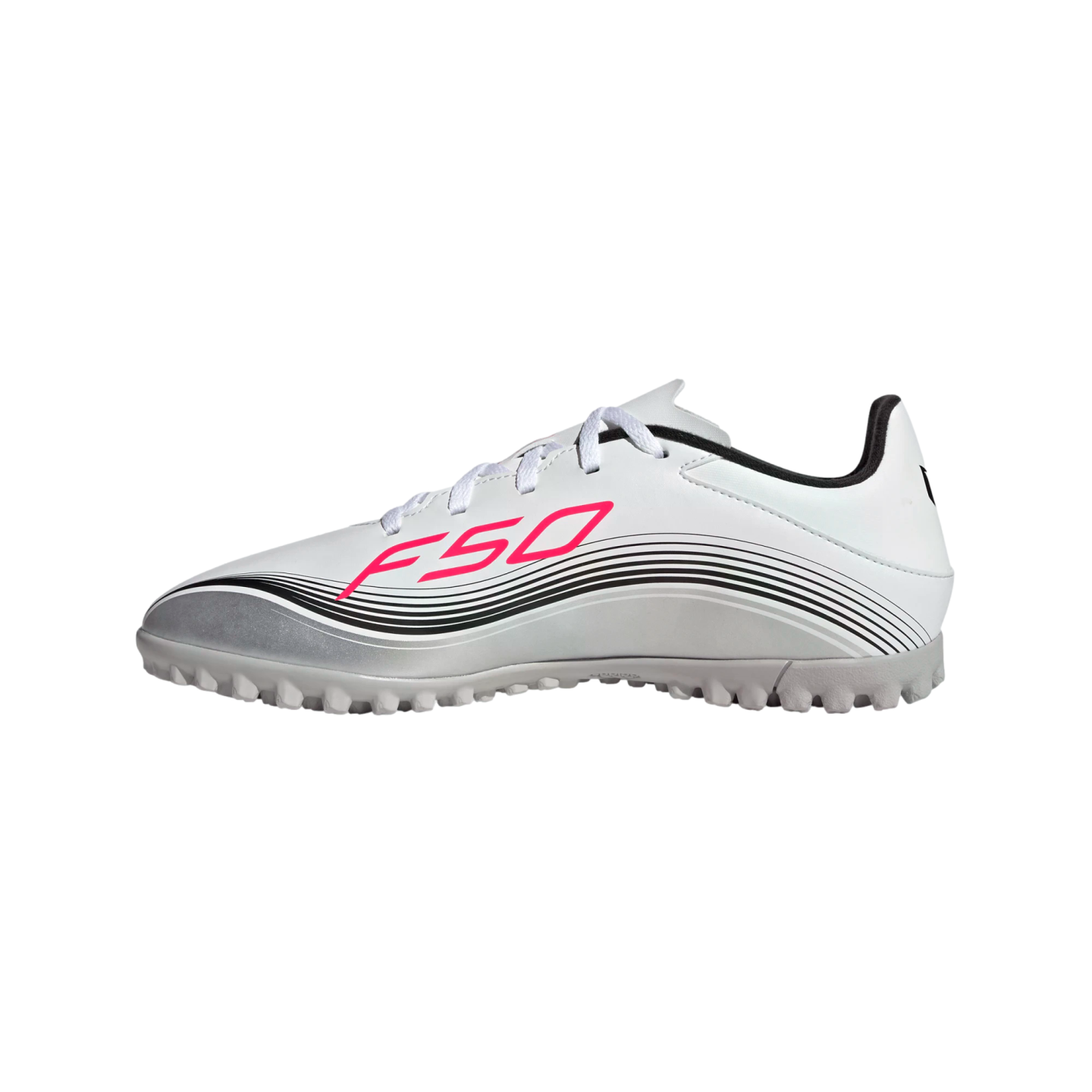 White Adidas F50 turf soccer shoe with pink branding and black graphic lines, side profile view.