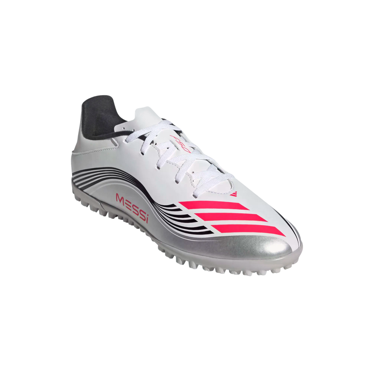 A white and silver Adidas Messi F50 turf soccer shoe with pink stripes and black graphic accents, shown against a plain white background.