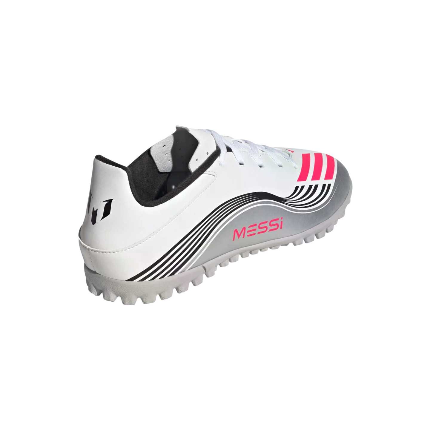 White and grey Messi soccer cleat with pink accents and black graphic lines, shown from a rear three-quarter angle.