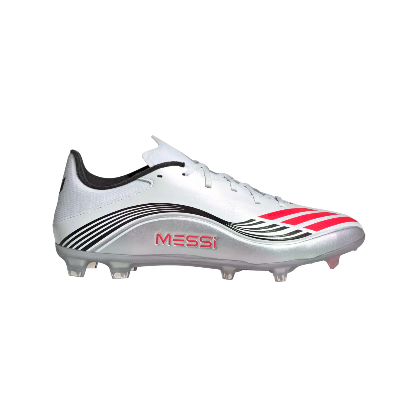 A silver soccer cleat with black wavy lines, red stripes, and "MESSI" branding on the side, shown from a side profile against a white background.