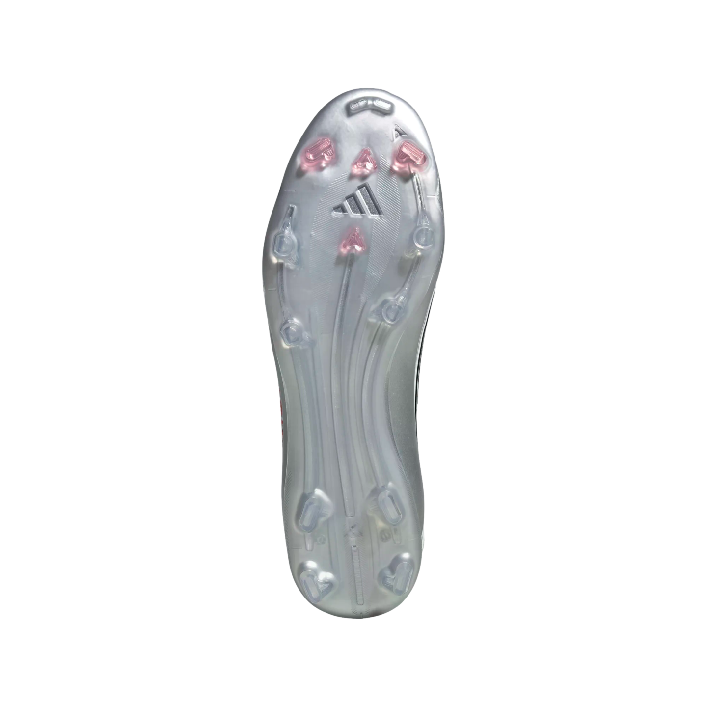 Bottom view of a silver Adidas soccer cleat featuring a metallic soleplate with pink-tipped and clear studs and the Adidas logo.