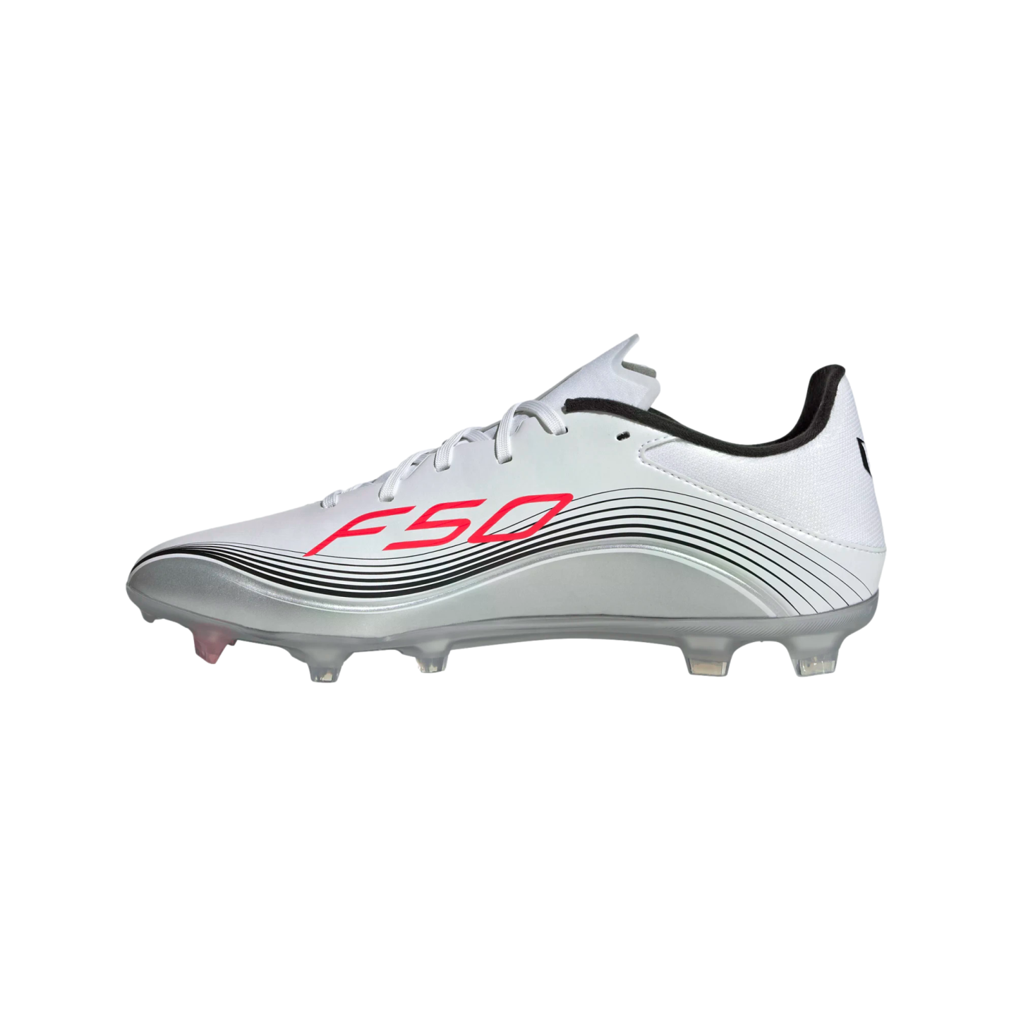 Side-profile of a white Adidas F50 soccer cleat with silver and black curved graphics, red "F50" branding, and translucent studs.
