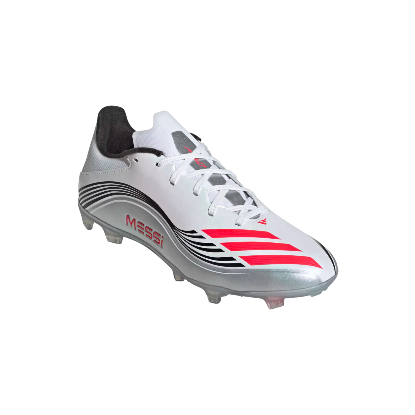 White and silver Adidas Messi soccer cleat with black curved lines, three red stripes near the toe, and red "MESSI" text on the side.
