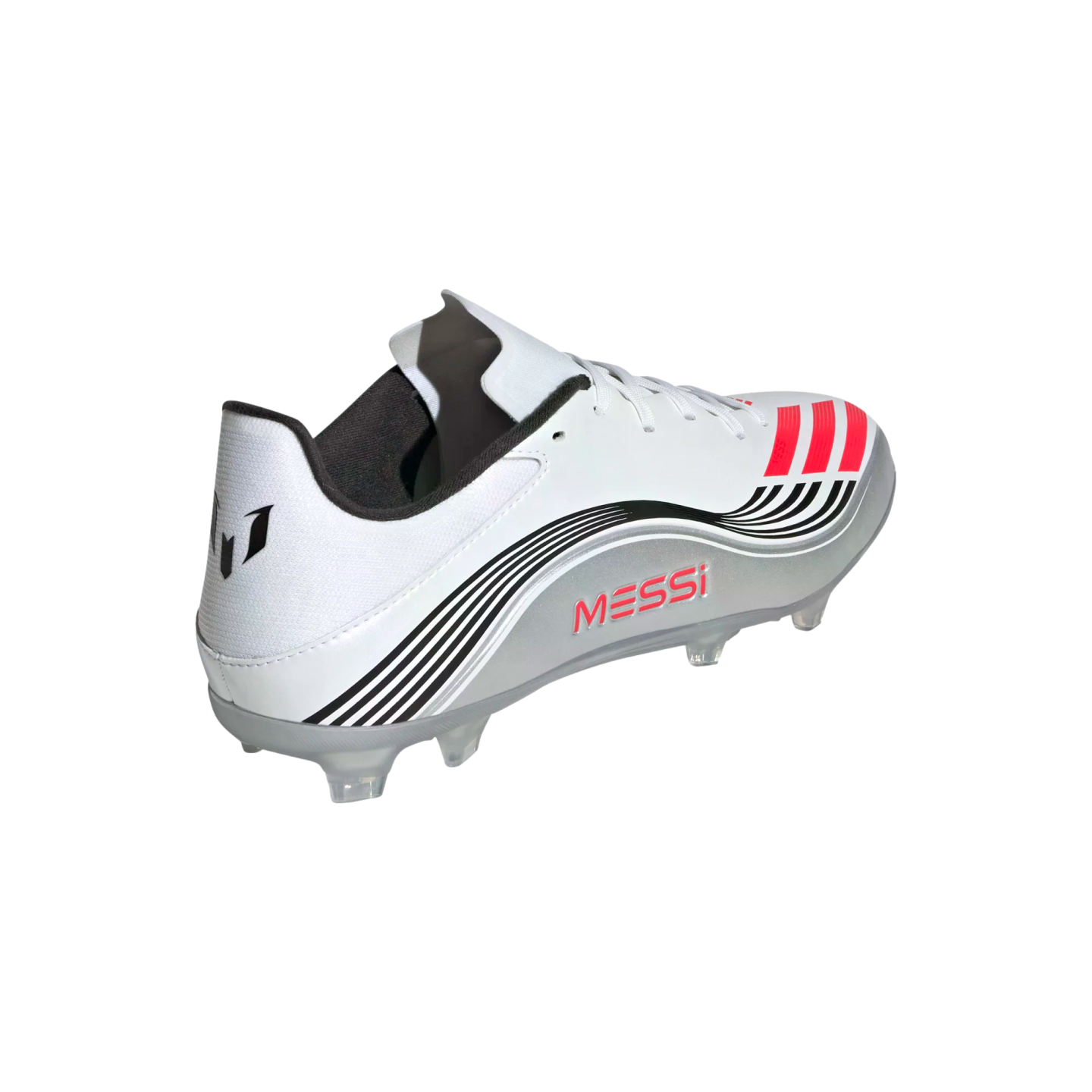 Rear-quarter view of a white Adidas Messi soccer cleat with black wavy stripes, silver accents, and pink "MESSI" lettering on the side.