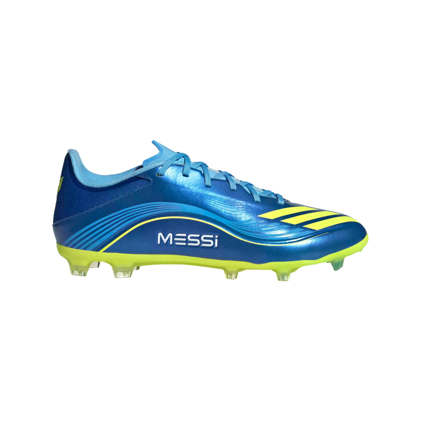 A metallic blue and yellow soccer cleat with "MESSI" printed on the side, set against a black background.
