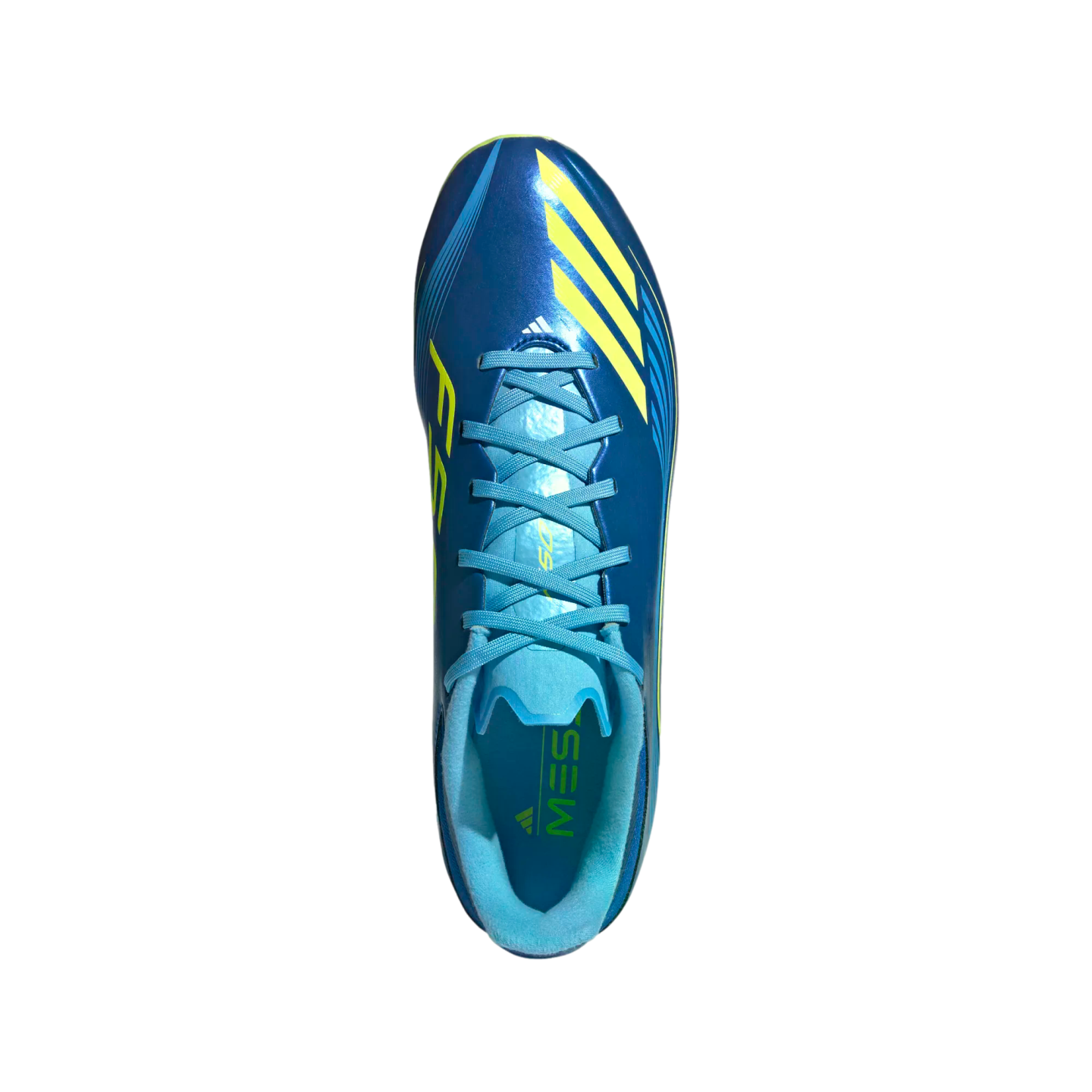Top-down view of a blue Adidas Messi F50 soccer cleat with yellow accents against a black background.