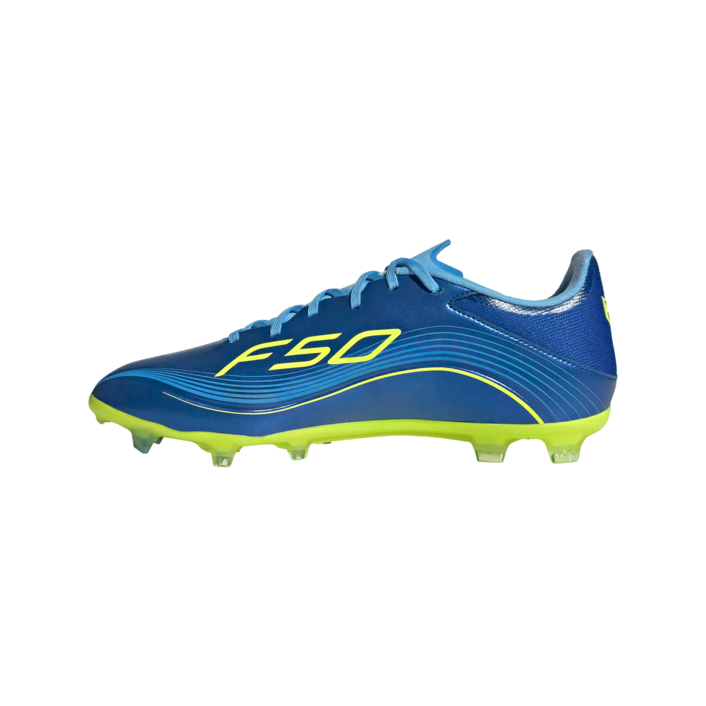 A profile view of a blue and neon yellow Adidas F50 soccer cleat with translucent studs, set against a black background.