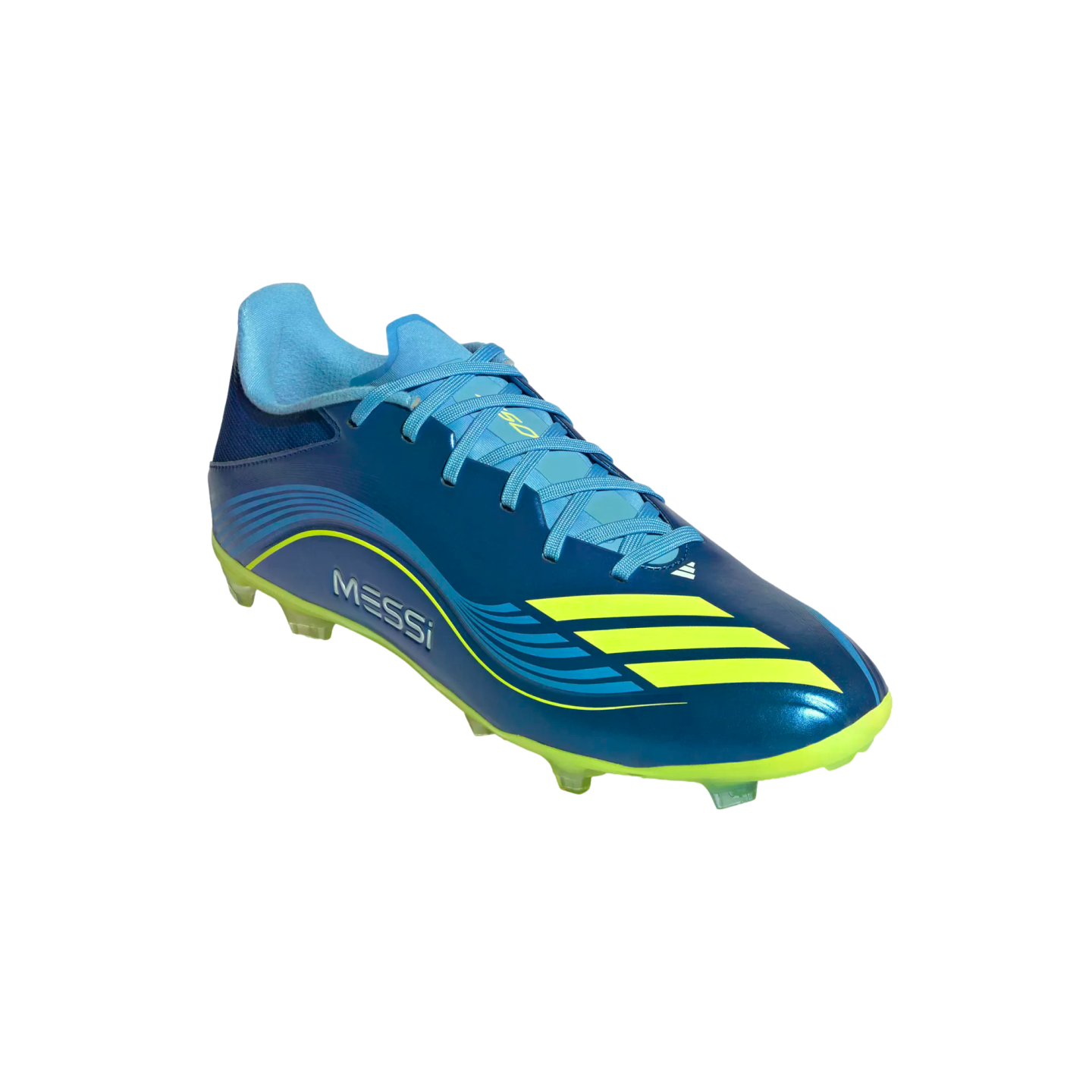 A blue Adidas Messi soccer cleat featuring neon yellow accents, light blue laces, and the word "MESSI" on the side, set against a black background.