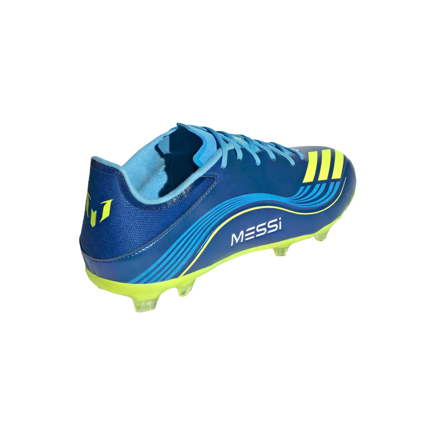 A blue Adidas soccer cleat with lime green accents, the word "MESSI," and his signature logo, shown from a rear side angle against a black background.