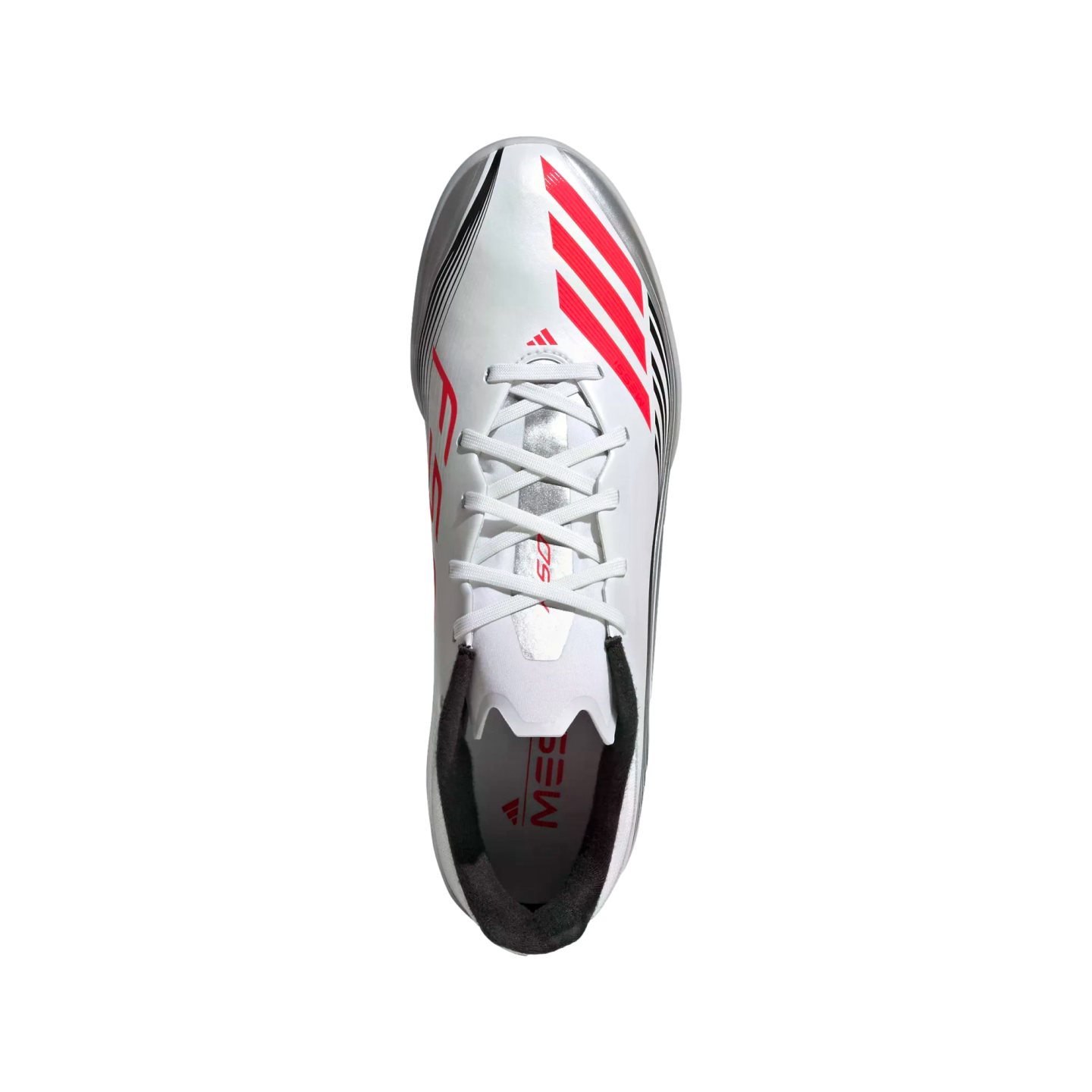 Top-down view of a white and silver Adidas Messi soccer cleat with red diagonal stripes on a white background.