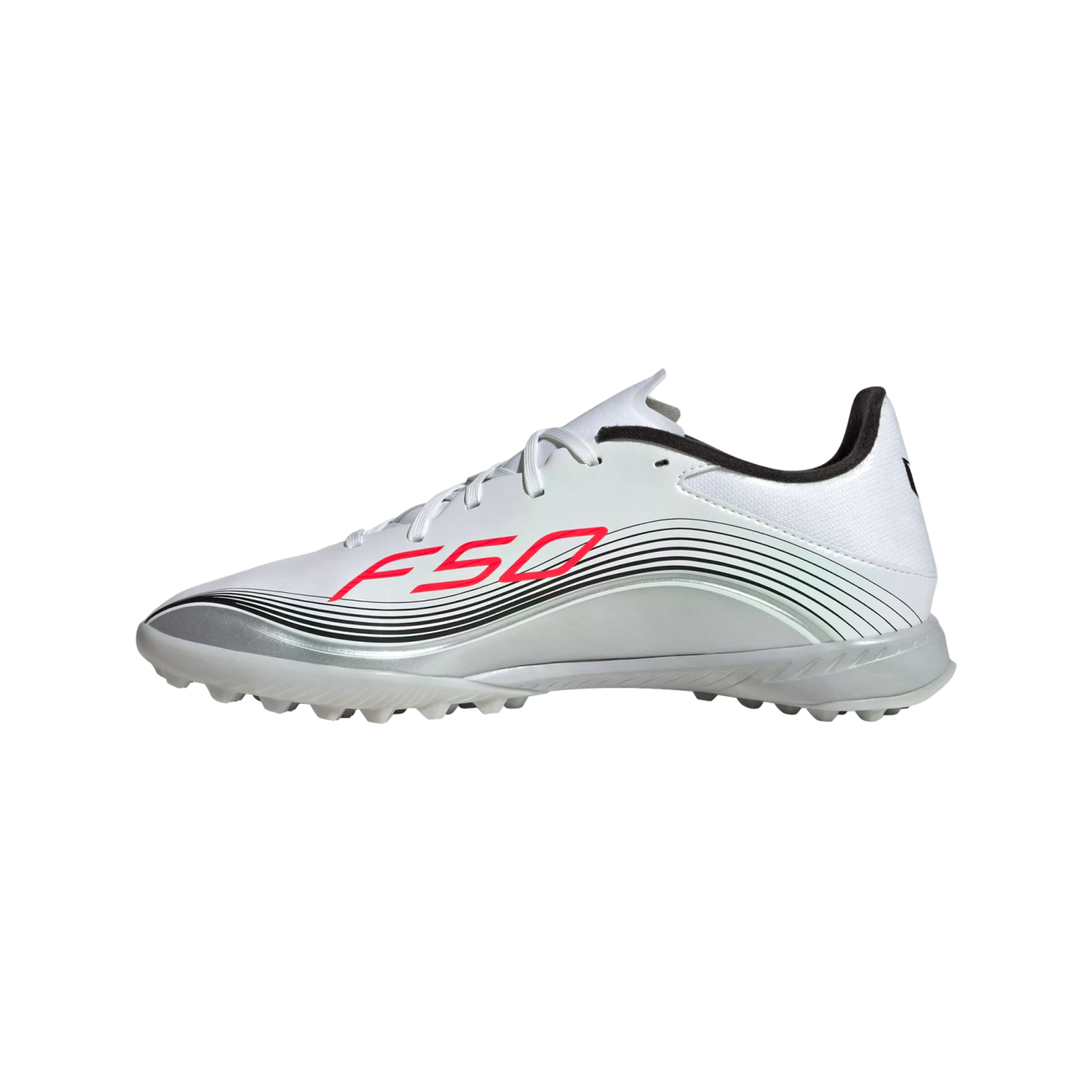 Side profile of a white Adidas F50 soccer shoe with red "F50" branding and black and silver curved lines along the side, designed for turf surfaces.