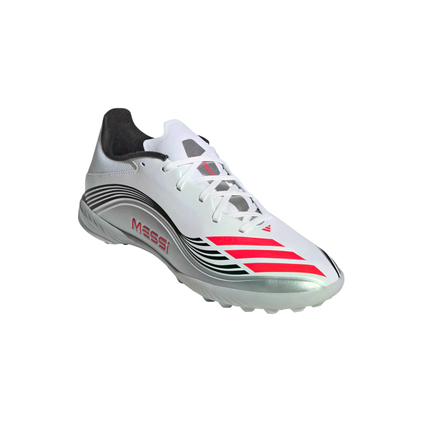 White Adidas Messi soccer cleat featuring silver and black curved accents, red three-stripes on the toe, and red "MESSI" branding on the side.