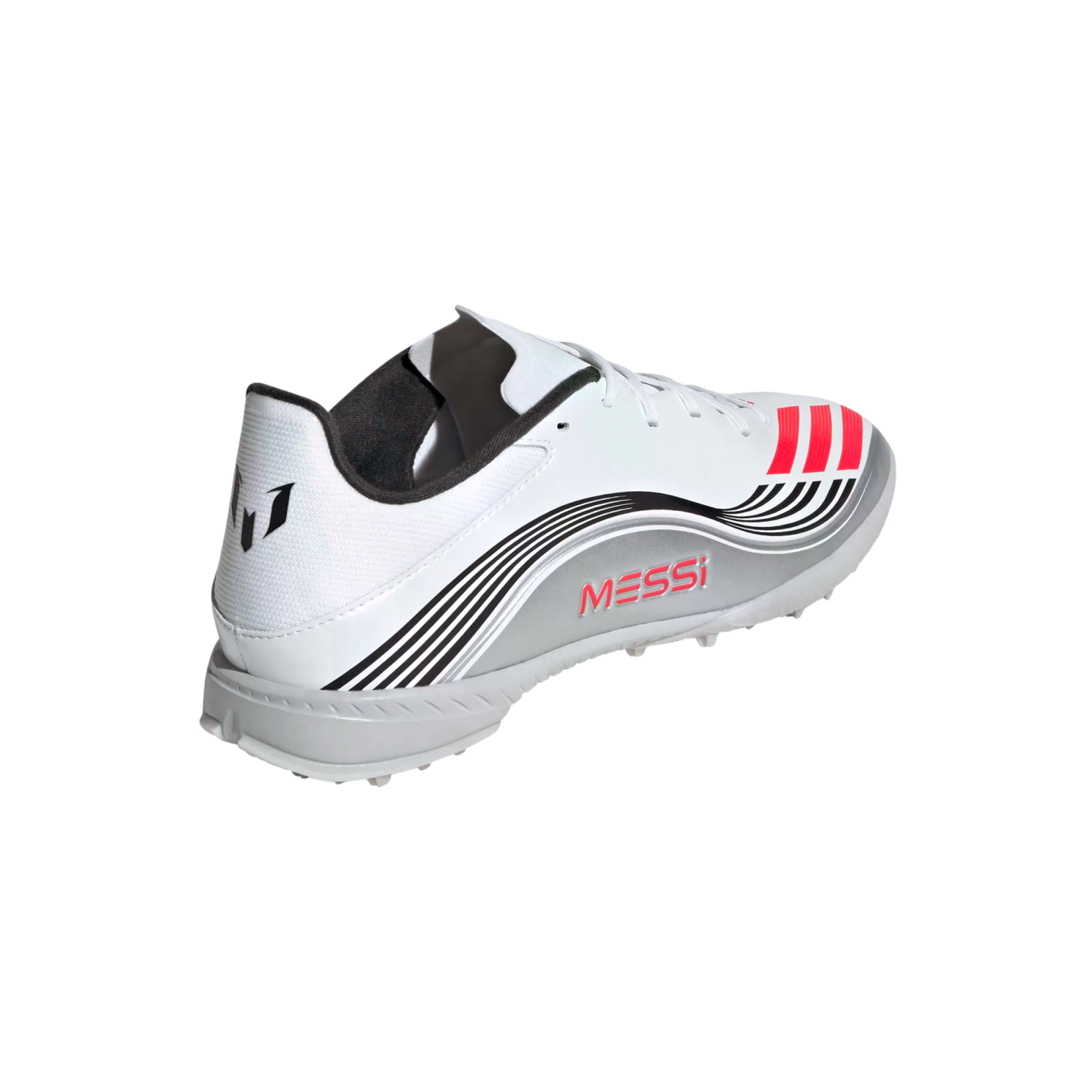 White Adidas Messi soccer shoe with silver, red, and black accents. Features the "MESSI" name on the side and his logo on the heel.