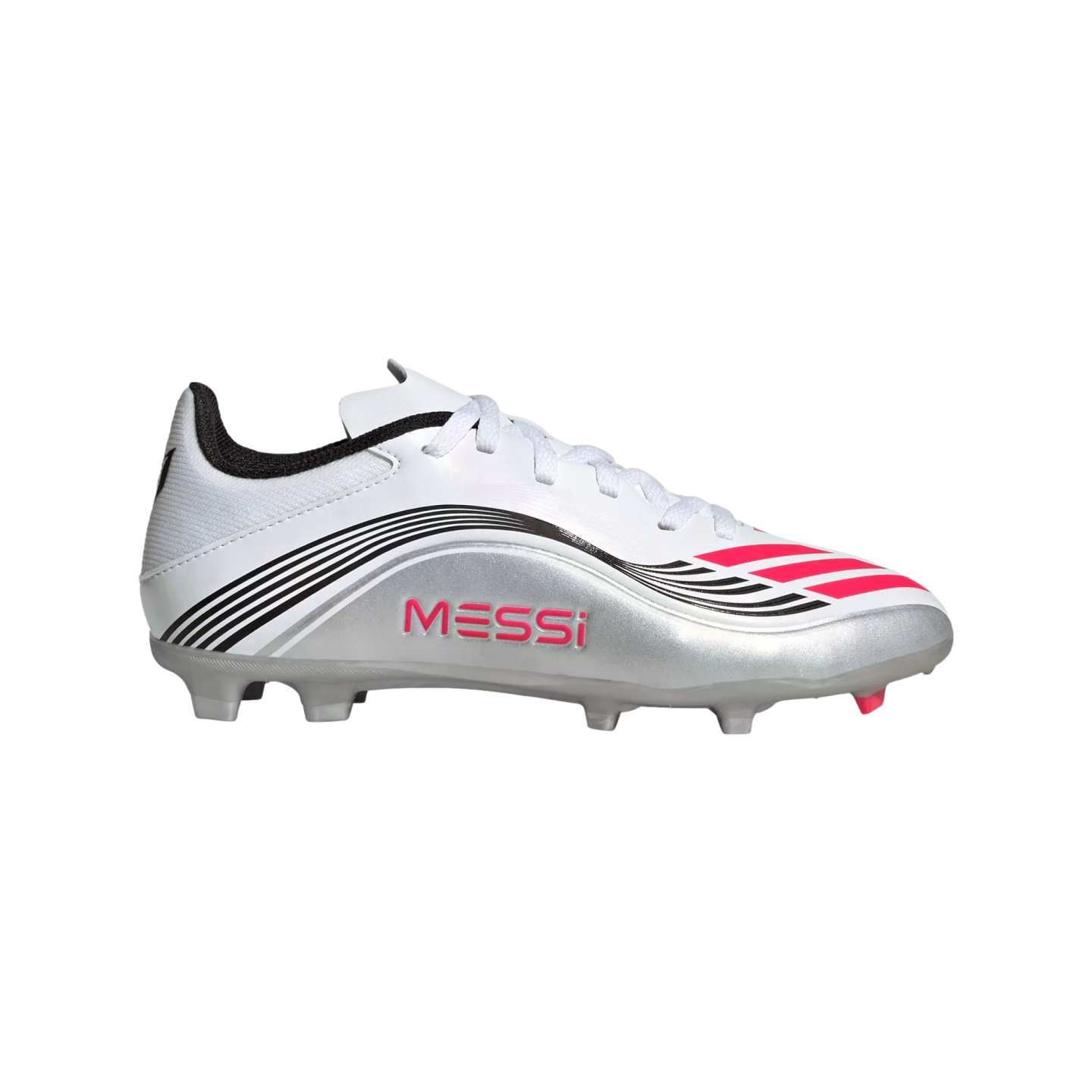 A white and metallic silver soccer cleat with pink "MESSI" text and black wavy stripes, shown from the side against a white background.