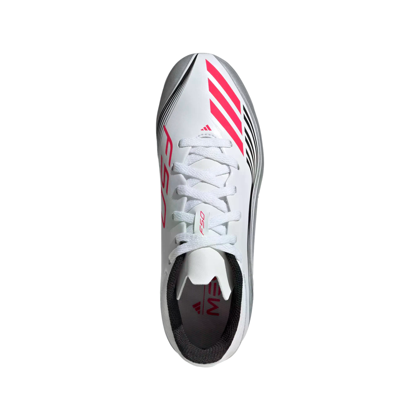 A top-down view of a white Adidas F50 soccer shoe with pink accents and white laces against a plain white background.