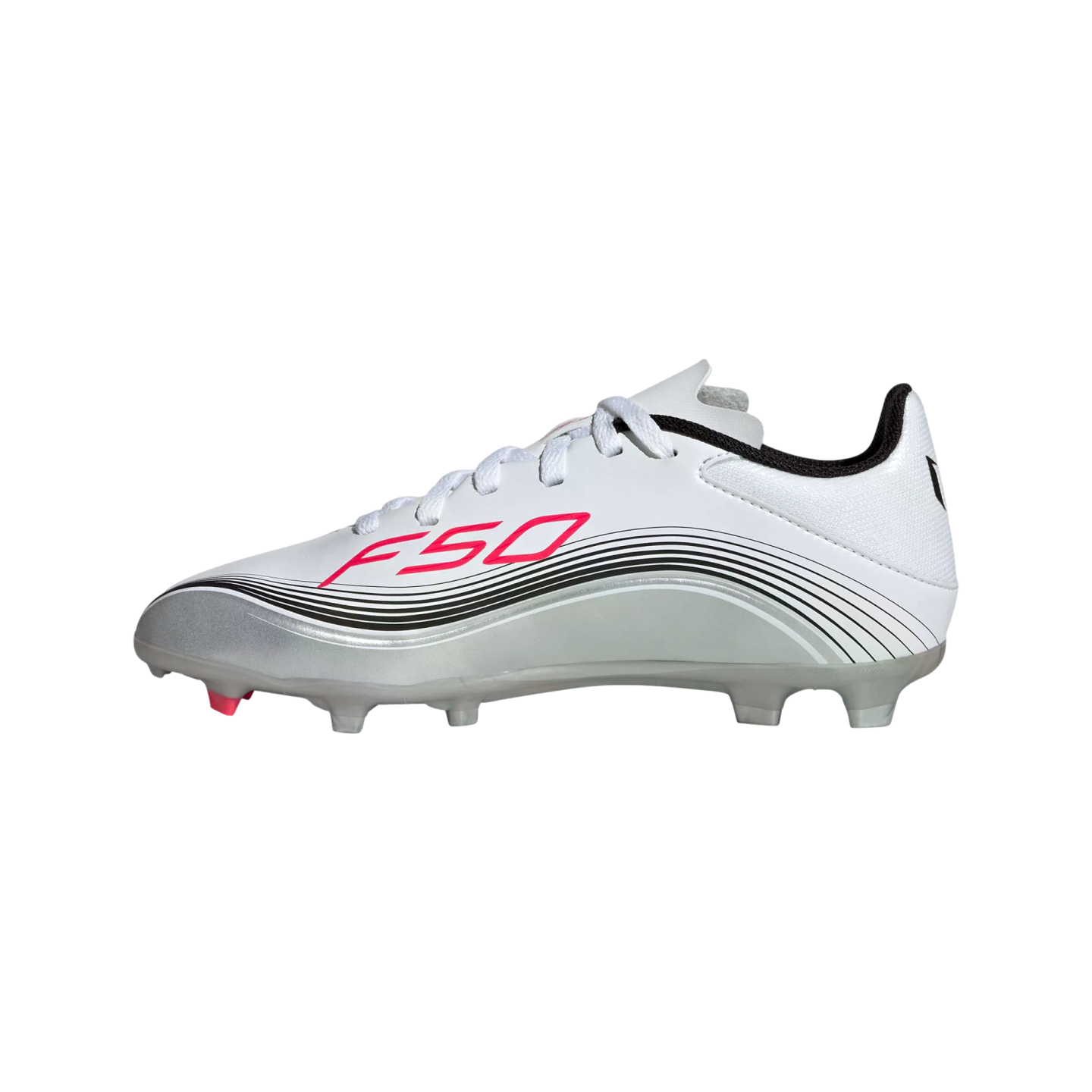 Side view of a white and silver Adidas F50 soccer cleat with pink accents and black curved lines.