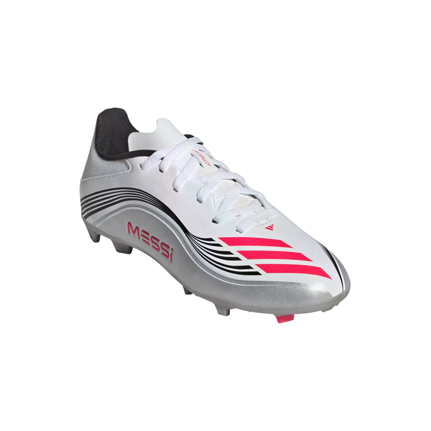 An Adidas Messi soccer cleat in white, silver, black, and pink with the name "MESSI" on the side.