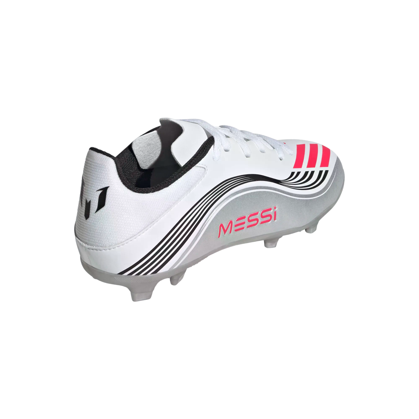 White and silver soccer cleat featuring pink "MESSI" text, black stripes, and pink accents. View from the rear three-quarters.