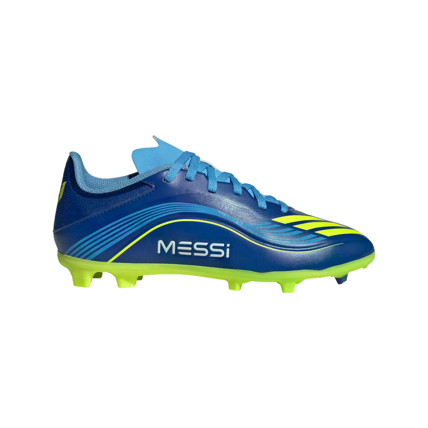 Blue Adidas Messi soccer cleat with yellow accents and 'MESSI' branding, featuring a lime green studded sole.