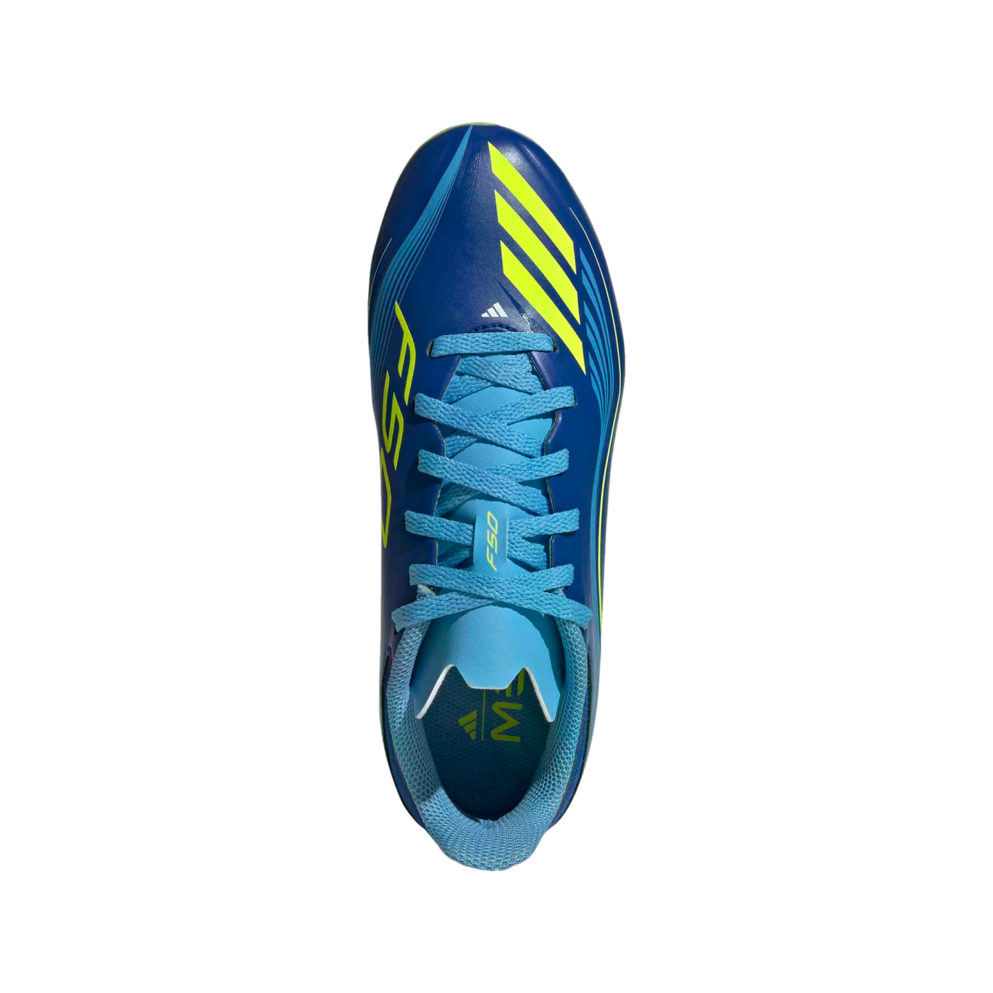 Top-down view of a blue Adidas F50 soccer cleat featuring light blue laces and bright yellow accents on a black background.