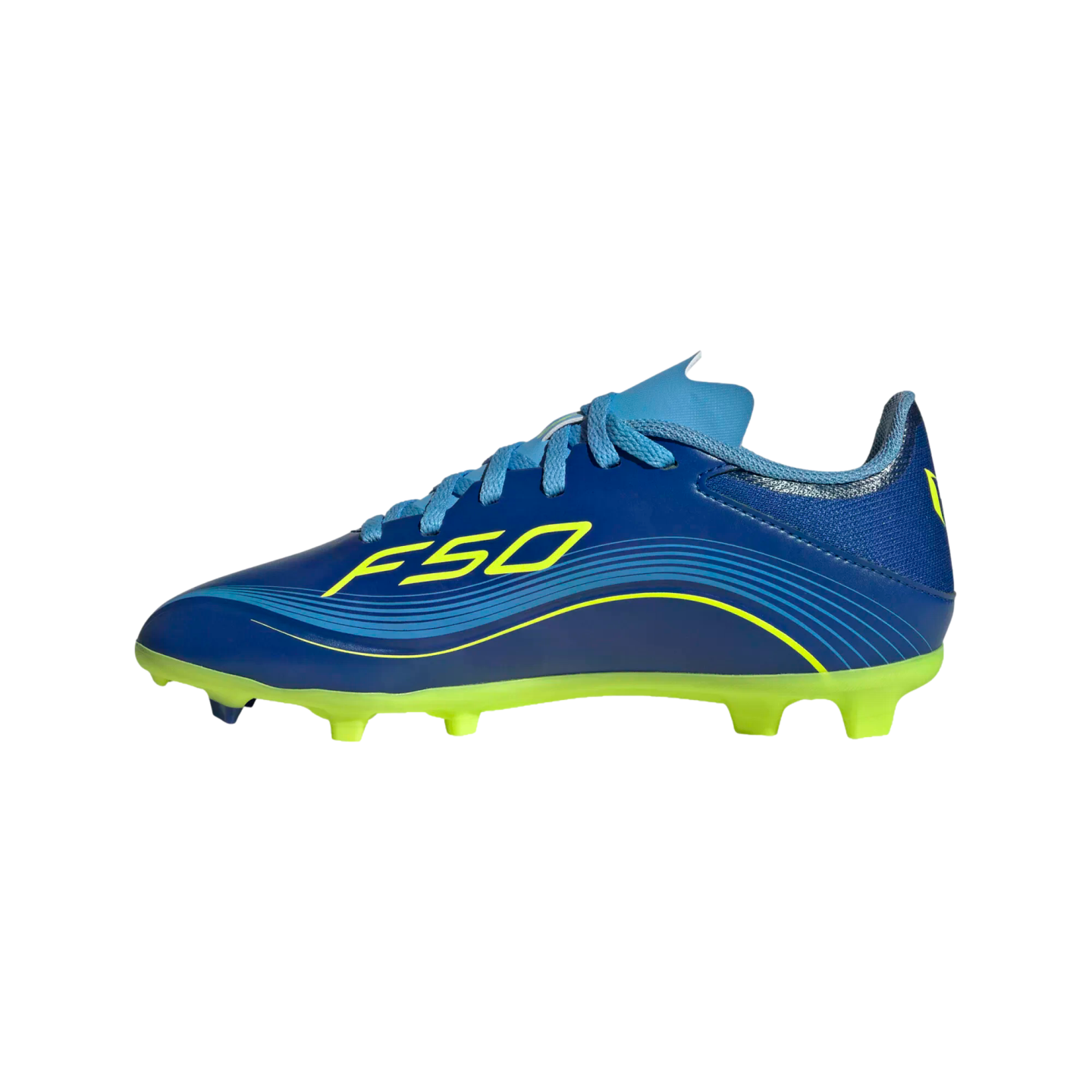 Profile of a blue soccer cleat with neon yellow "F50" branding, decorative curved lines, and a lime green studded sole.