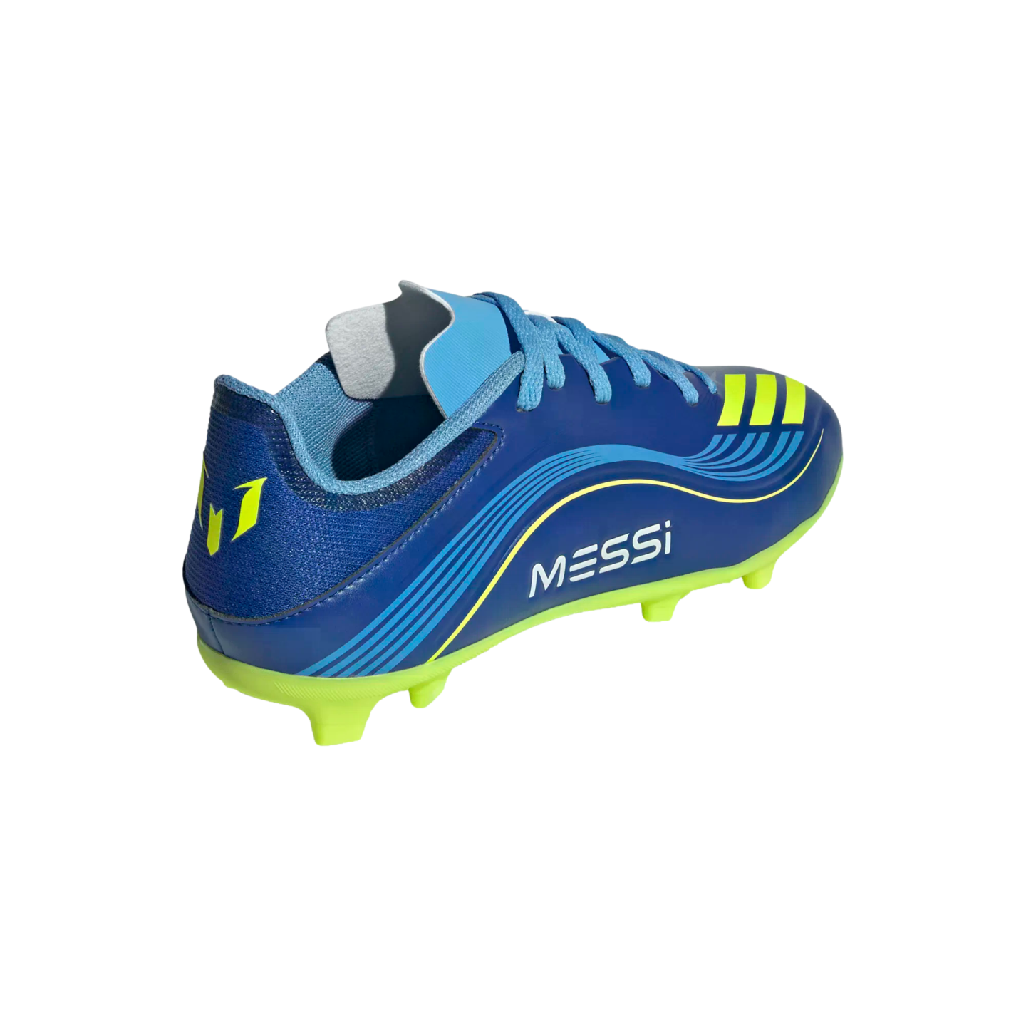 Blue and neon yellow Adidas Messi soccer cleat shown from a rear side angle, featuring Messi's logo on the heel and his name on the side.