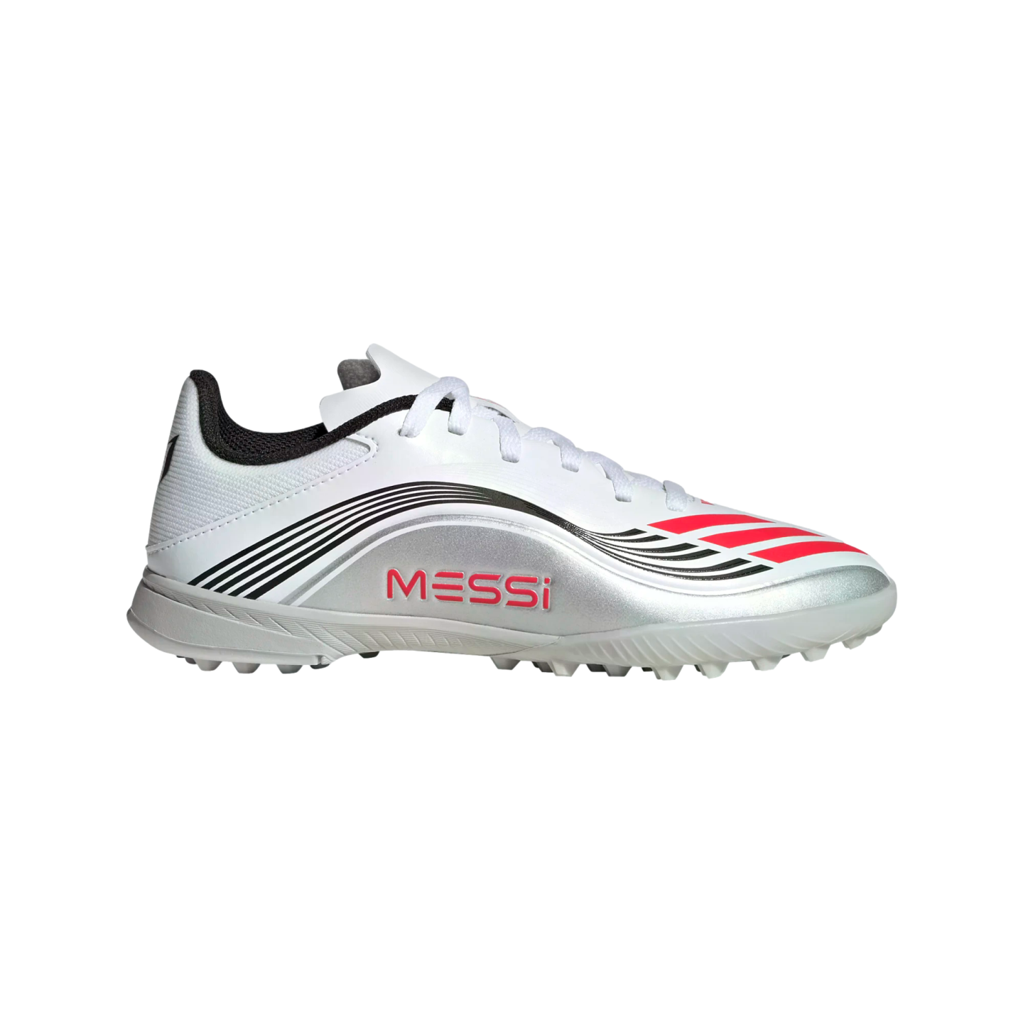 Profile of a white and silver Adidas Messi soccer shoe for turf. Features red "MESSI" text, black curved accents, and red stripes near the toe.