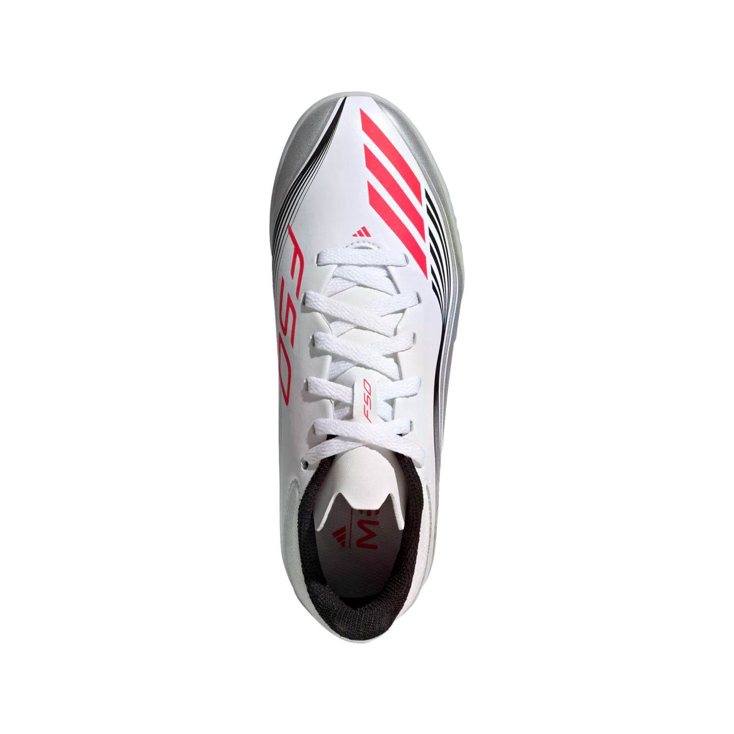 Top-down view of a white Adidas F50 soccer shoe with pink slanted stripes and white laces.