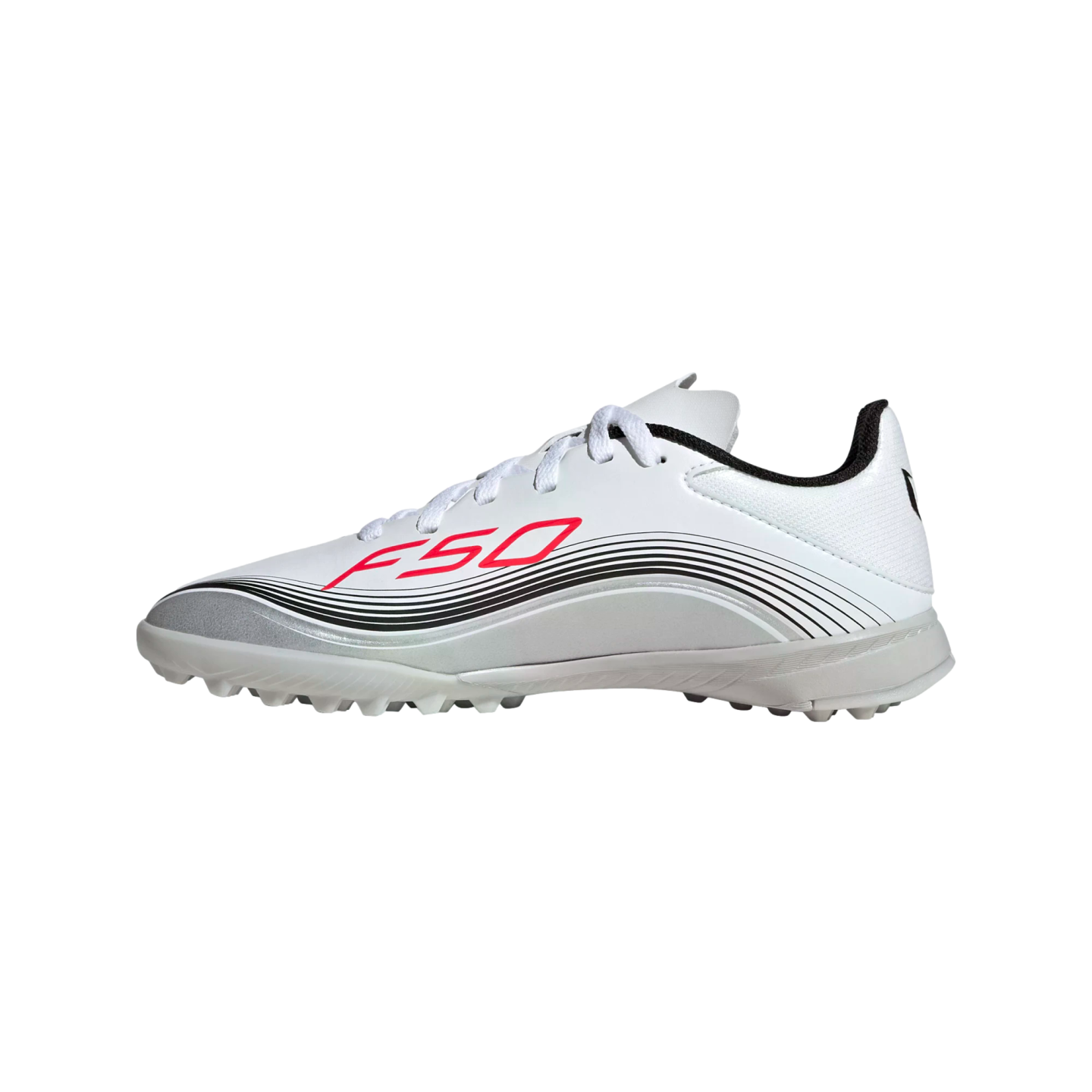 A side view of a white Adidas F50 turf soccer shoe with red branding, black curved graphics, and a grey rubber studded outsole.