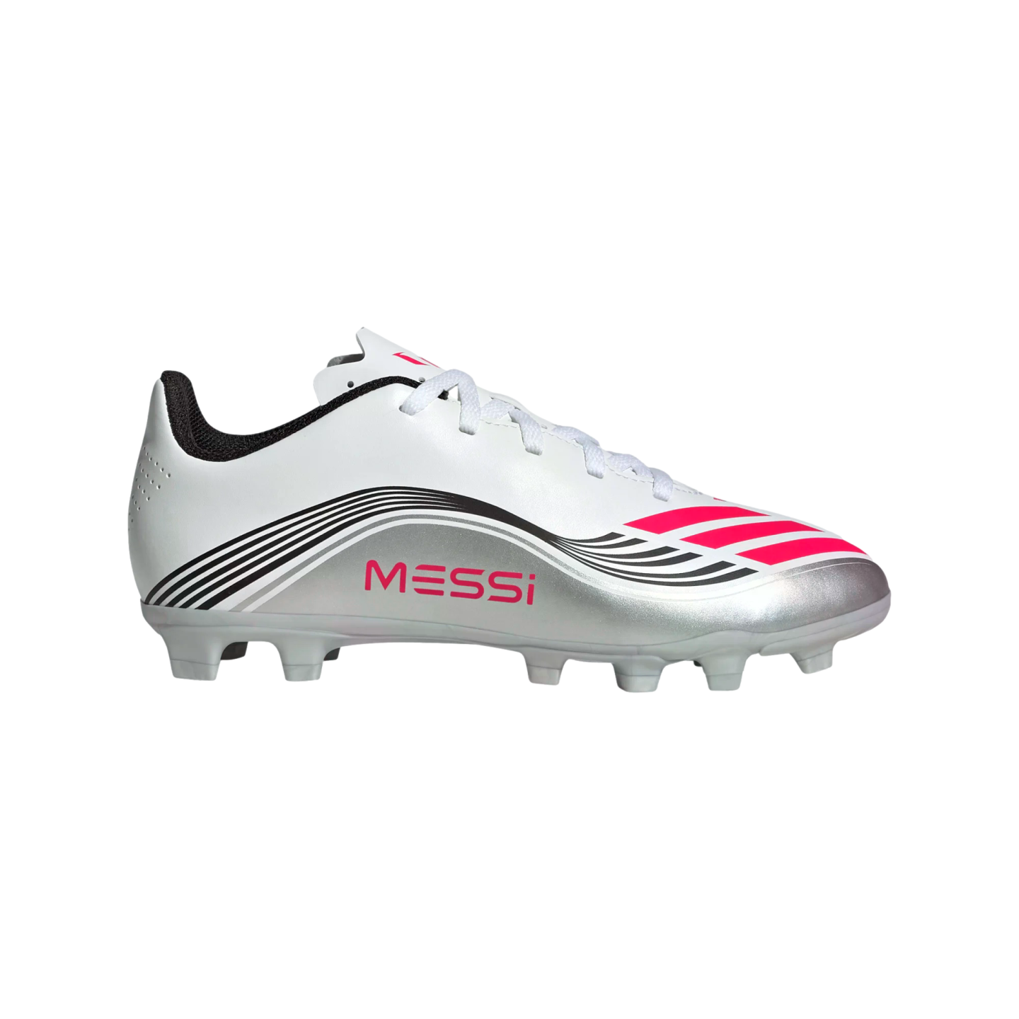 White and silver Adidas Messi soccer cleat with pink accents, black curved lines, and "MESSI" text on the side.