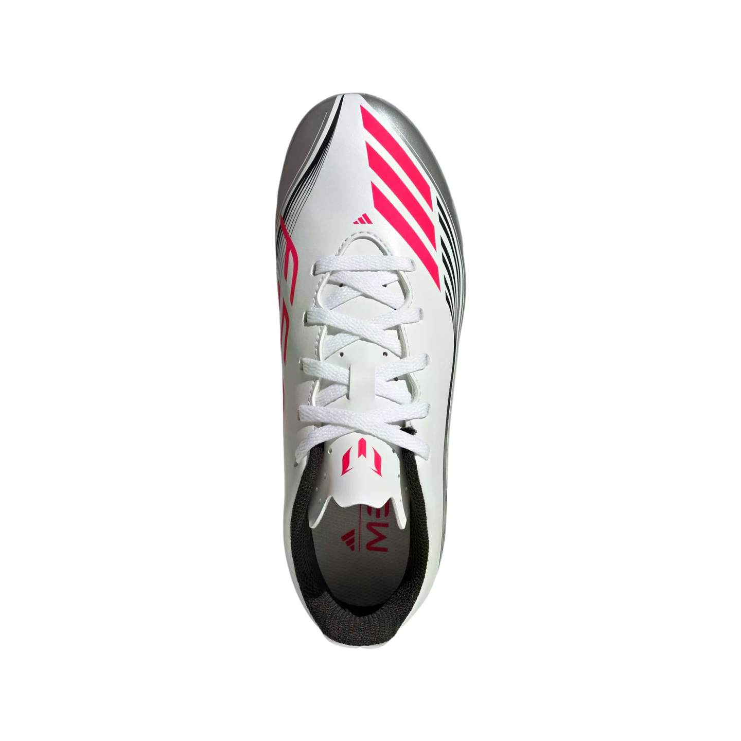 Top-down view of a white Adidas Messi soccer cleat with pink stripes, white laces, and a black interior.