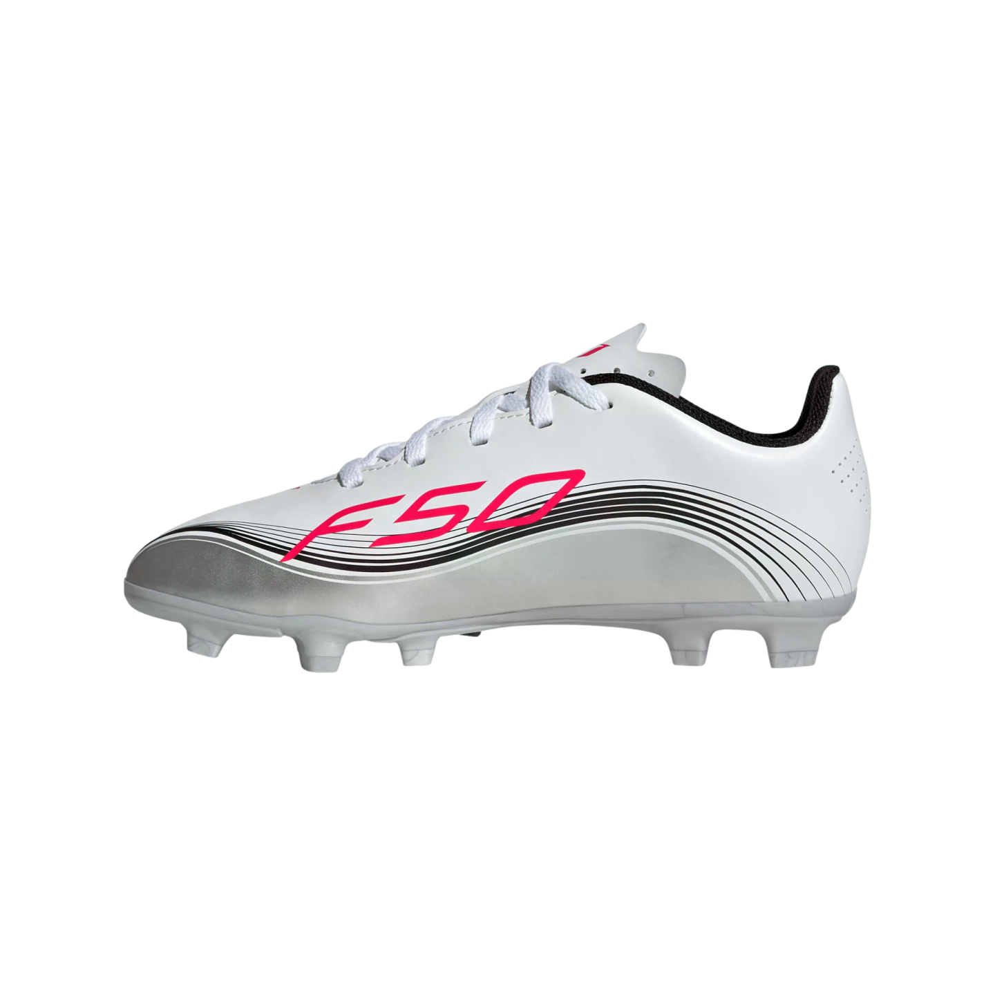 A side view of a white soccer cleat with silver accents, featuring a pink "F50" logo and black curved lines.