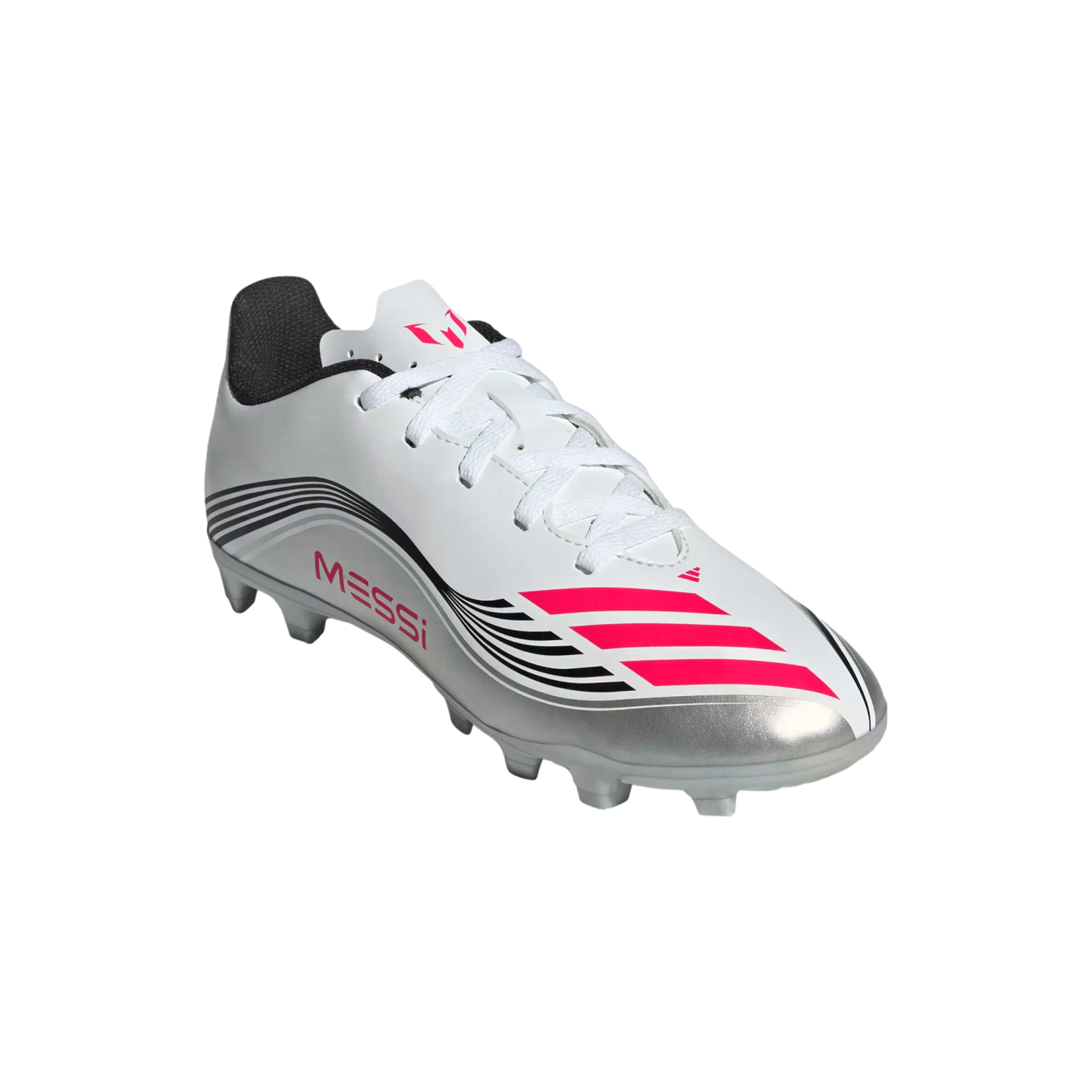 White and silver Adidas Messi soccer cleat featuring pink stripes, pink Messi text, black wavy accents, and white laces.