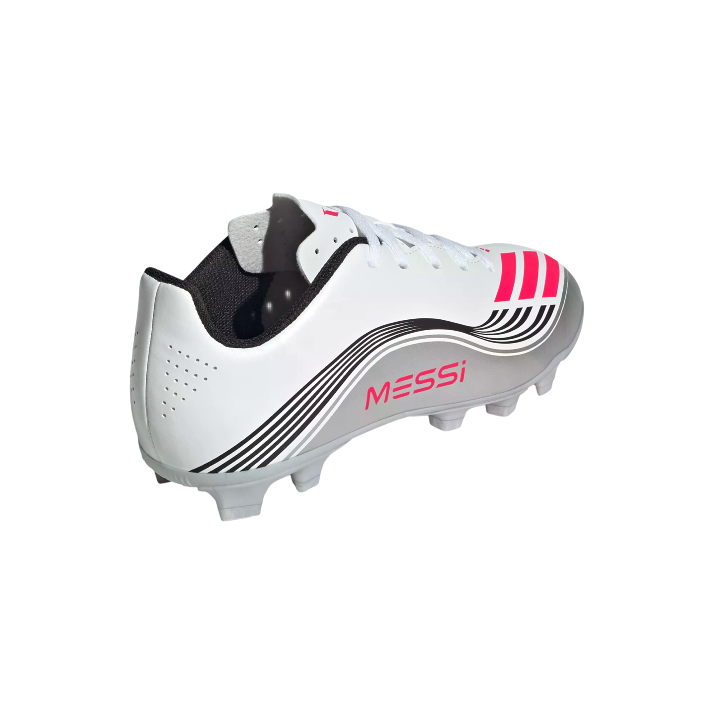 A white, silver, and pink Messi soccer cleat with black wavy stripes and grey studs, viewed from a rear side angle.