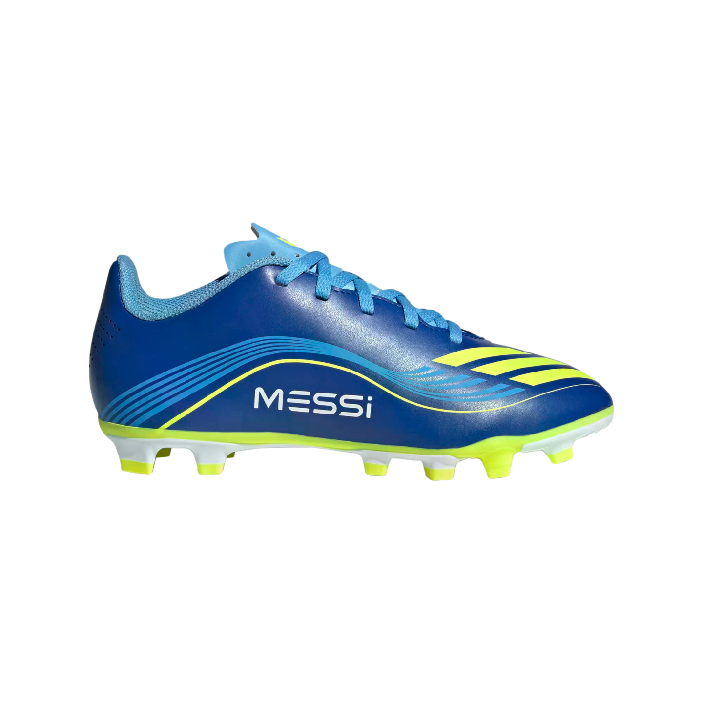 A blue and yellow Adidas Messi soccer cleat with white "MESSI" lettering and yellow studs.