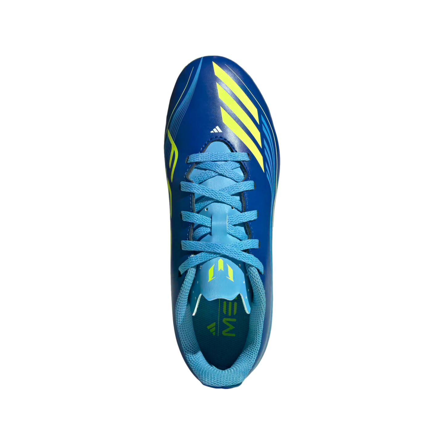 Top-down view of a blue Adidas Messi soccer cleat with yellow accents and light blue laces on a black background.