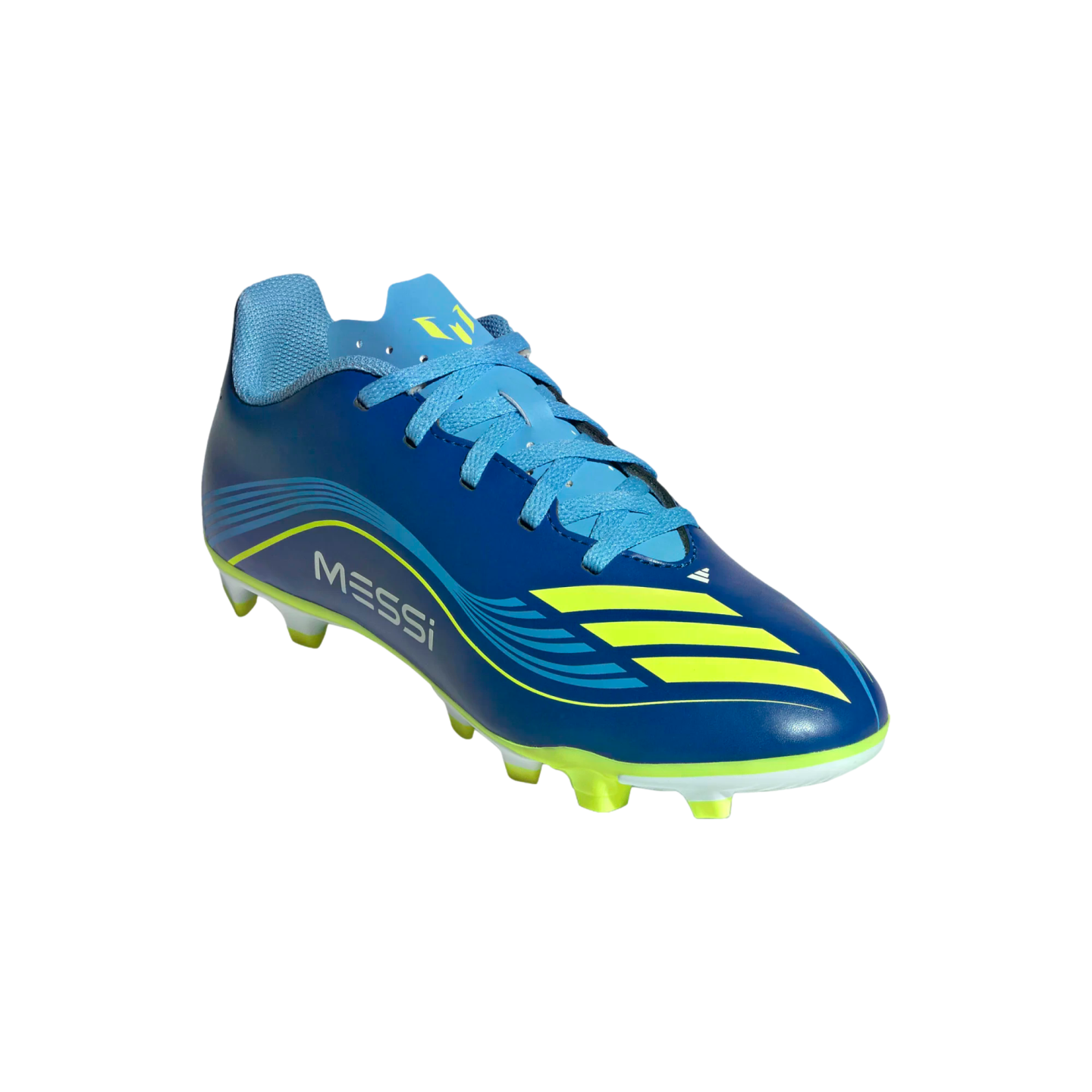 A blue and yellow Adidas soccer cleat featuring "MESSI" text on the side and three yellow stripes, isolated against a solid black background.