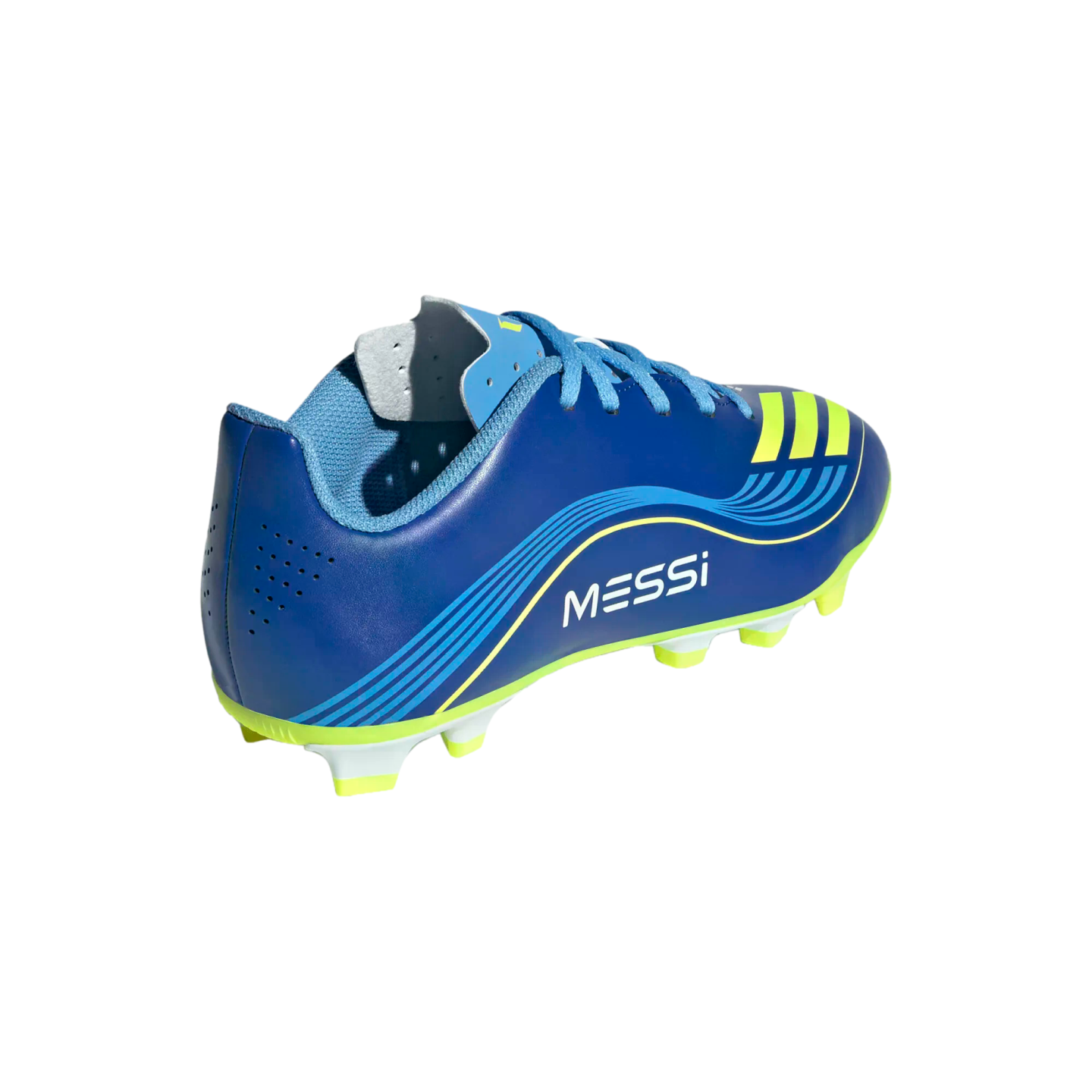 A blue and lime green soccer cleat with "MESSI" printed on the side, shown from a rear-angle view against a black background.