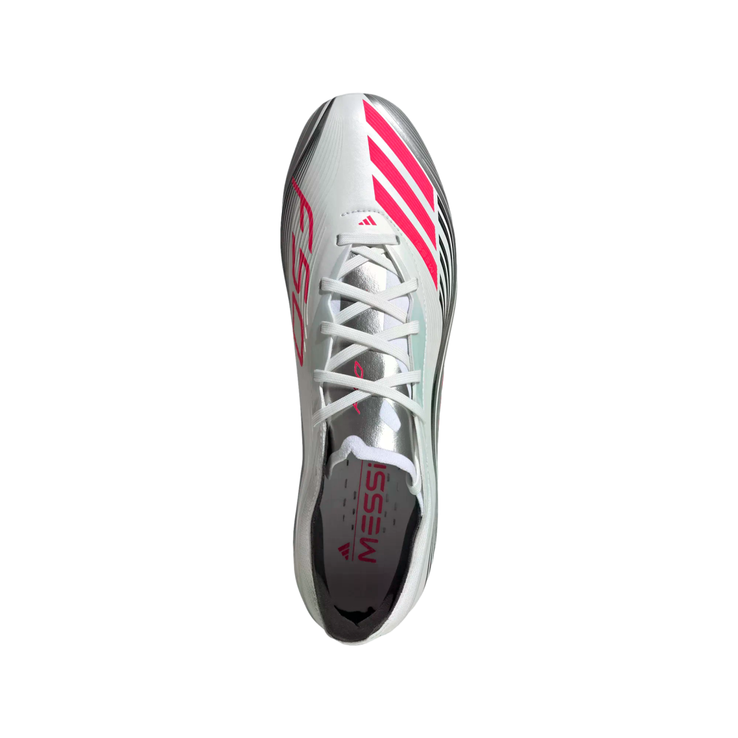 Top-down view of a silver Adidas soccer cleat with neon pink stripes, white laces, and "MESSI" printed on the insole.